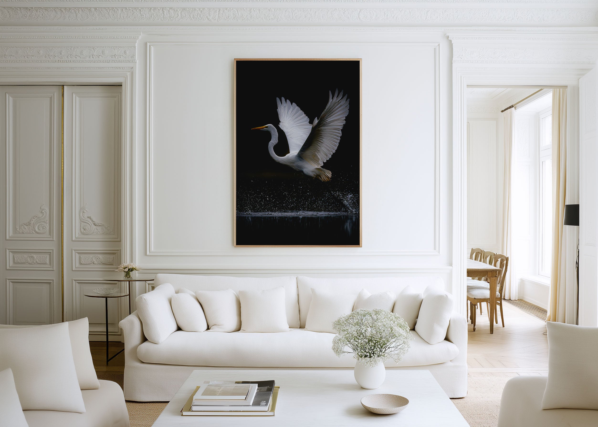 Elegant White Bird Wall Art – Minimalist Wildlife Canvas Print, Black Background Decor