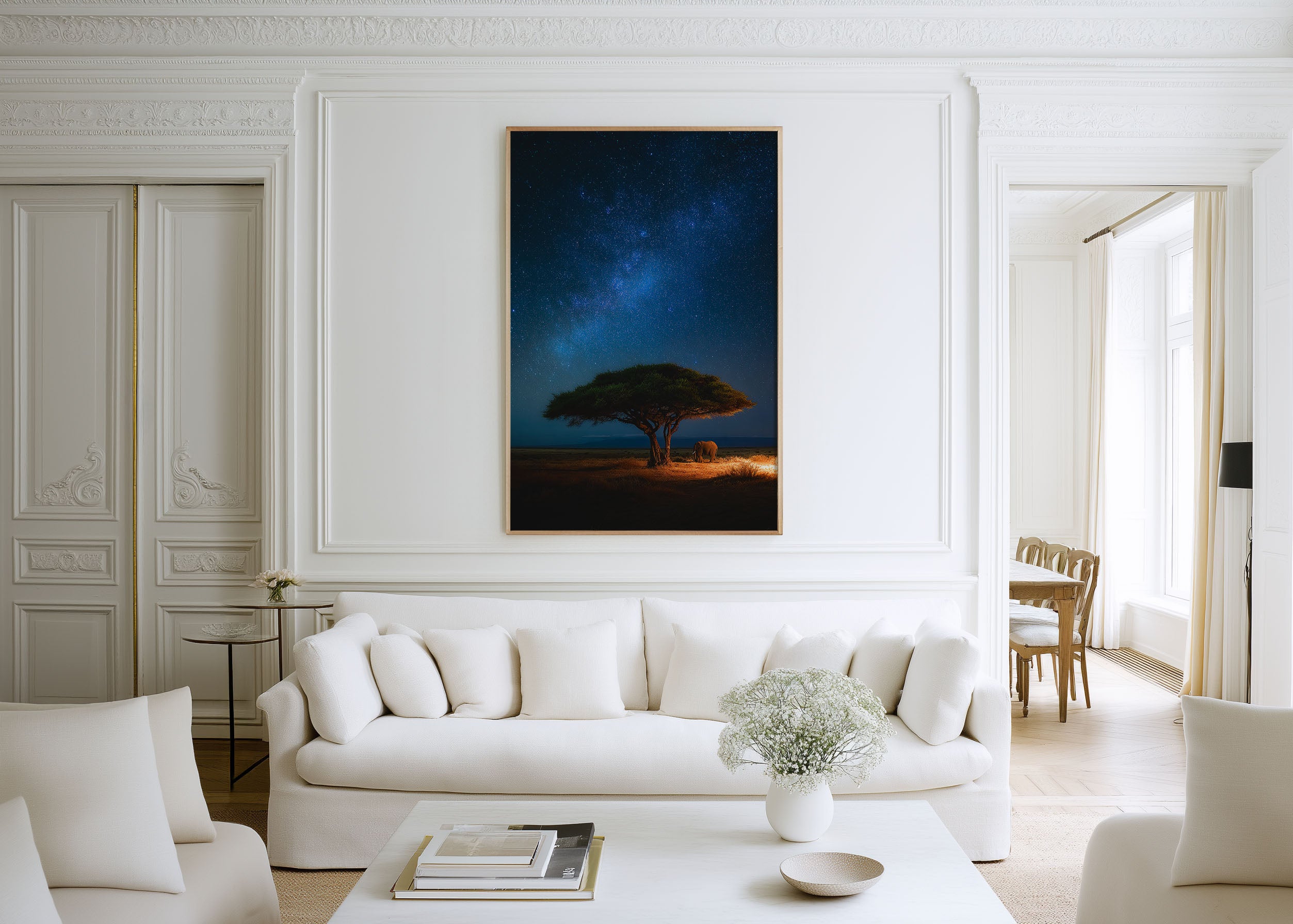Elephant Milky Way Africa Wall Art Print | African Safari Night Sky Photography | Acacia Tree Savanna Galaxy Poster