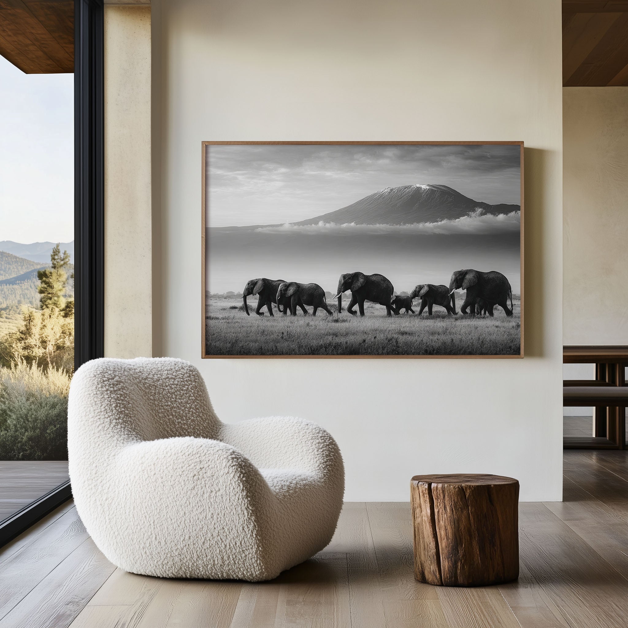 Elephants Under Mount Kilimanjaro Black & White Wall Art