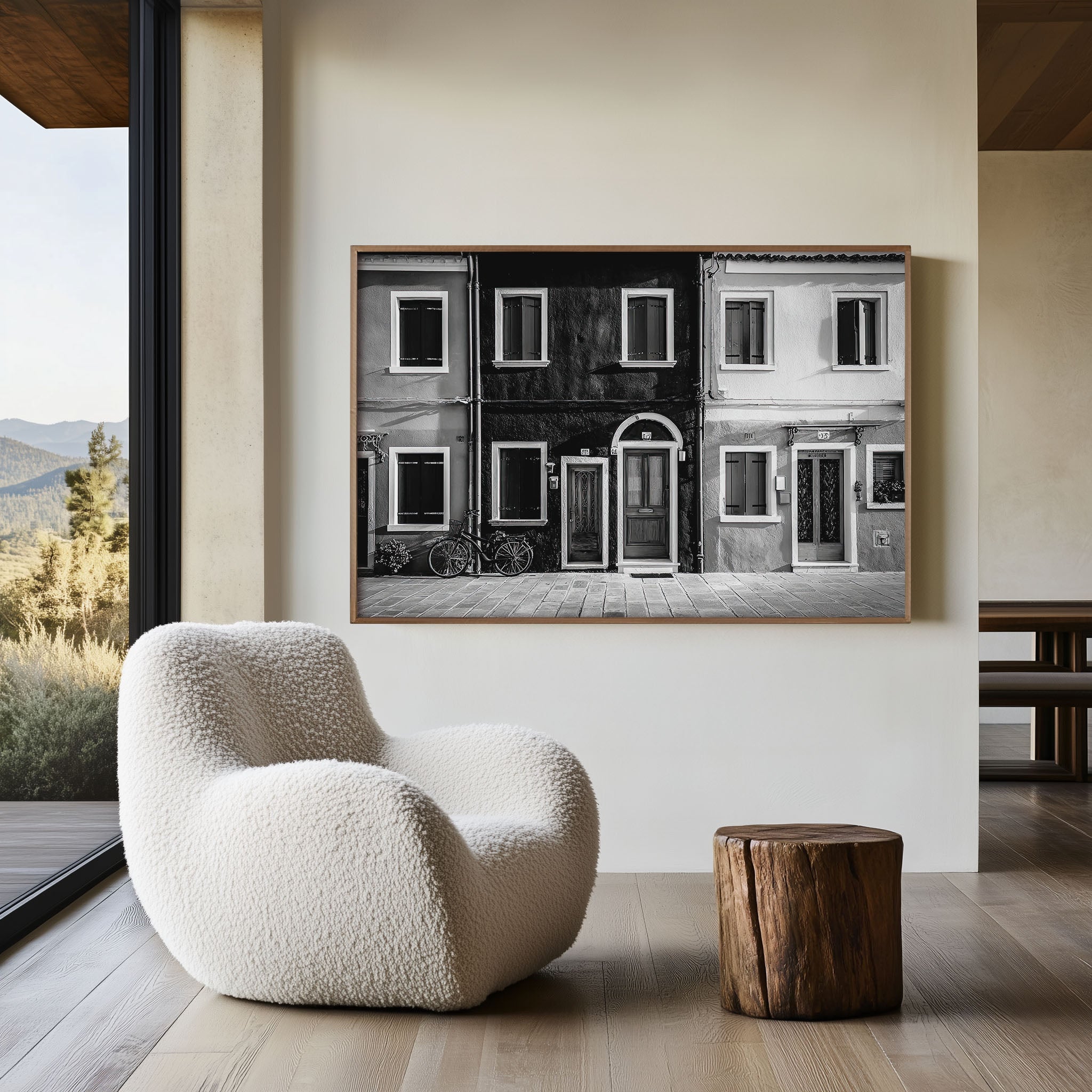 European Street Houses Wall Art – Black and White Minimalist Architecture Print