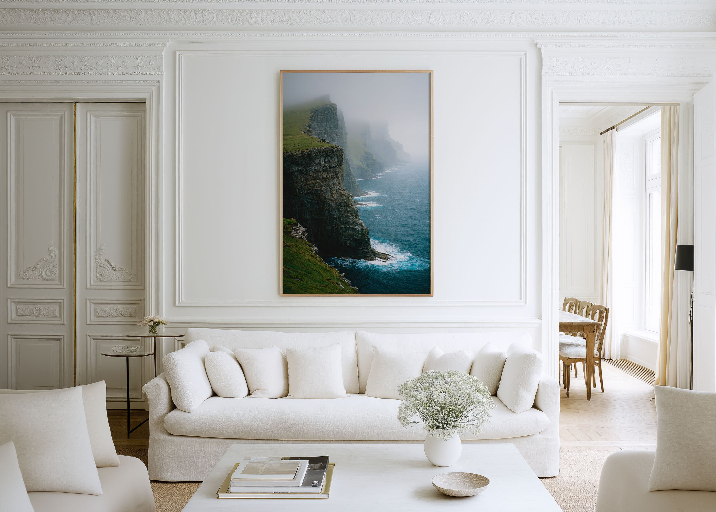 Faroe Islands Sea Cliffs Wall Art Print | North Atlantic Mist Coastline Photography | Nordic Travel Poster | Moody Dramatic Nature Home Decor