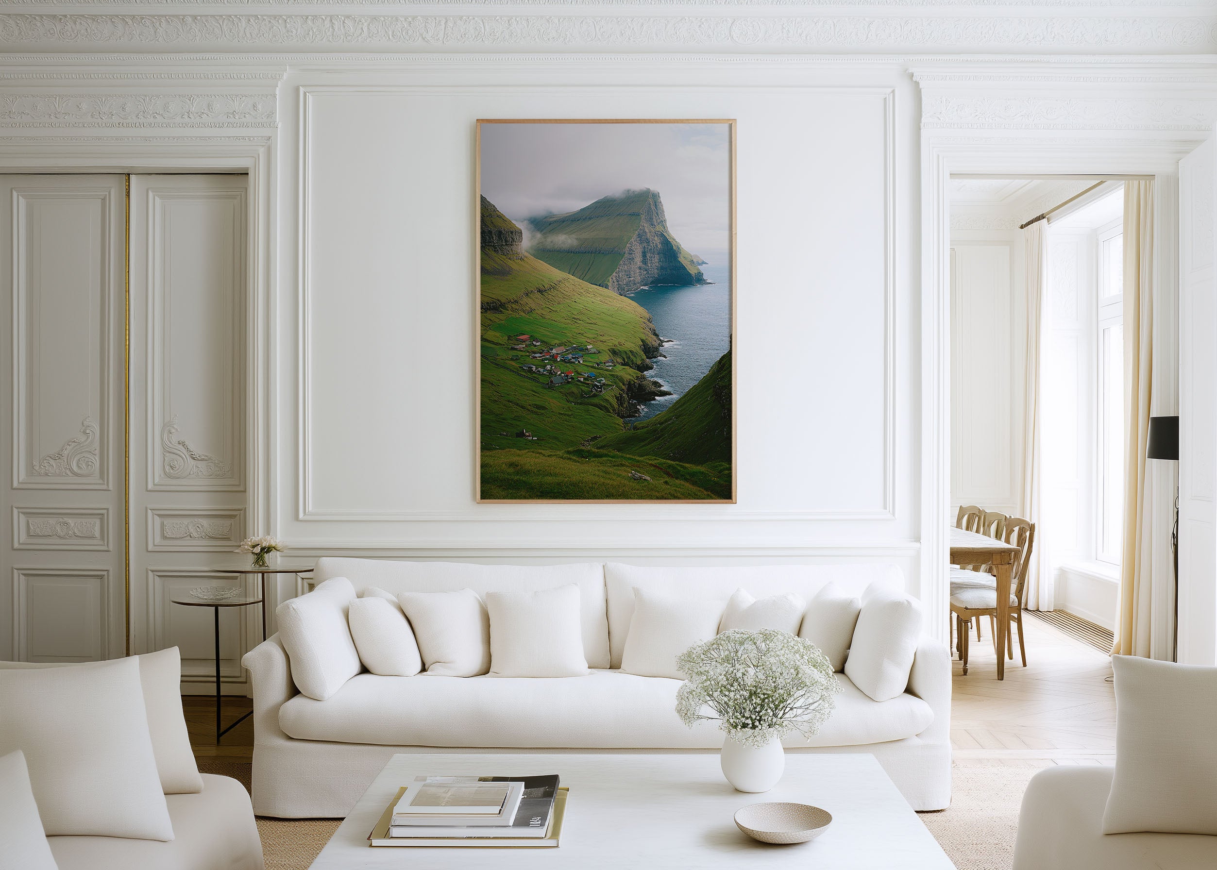 Faroe Islands Kallur Village Wall Art Print | Nordic Coastal Settlement Photography | North Atlantic Green Cliffs Landscape Poster | Scandinavian Nature Print | Hygge Home Decor