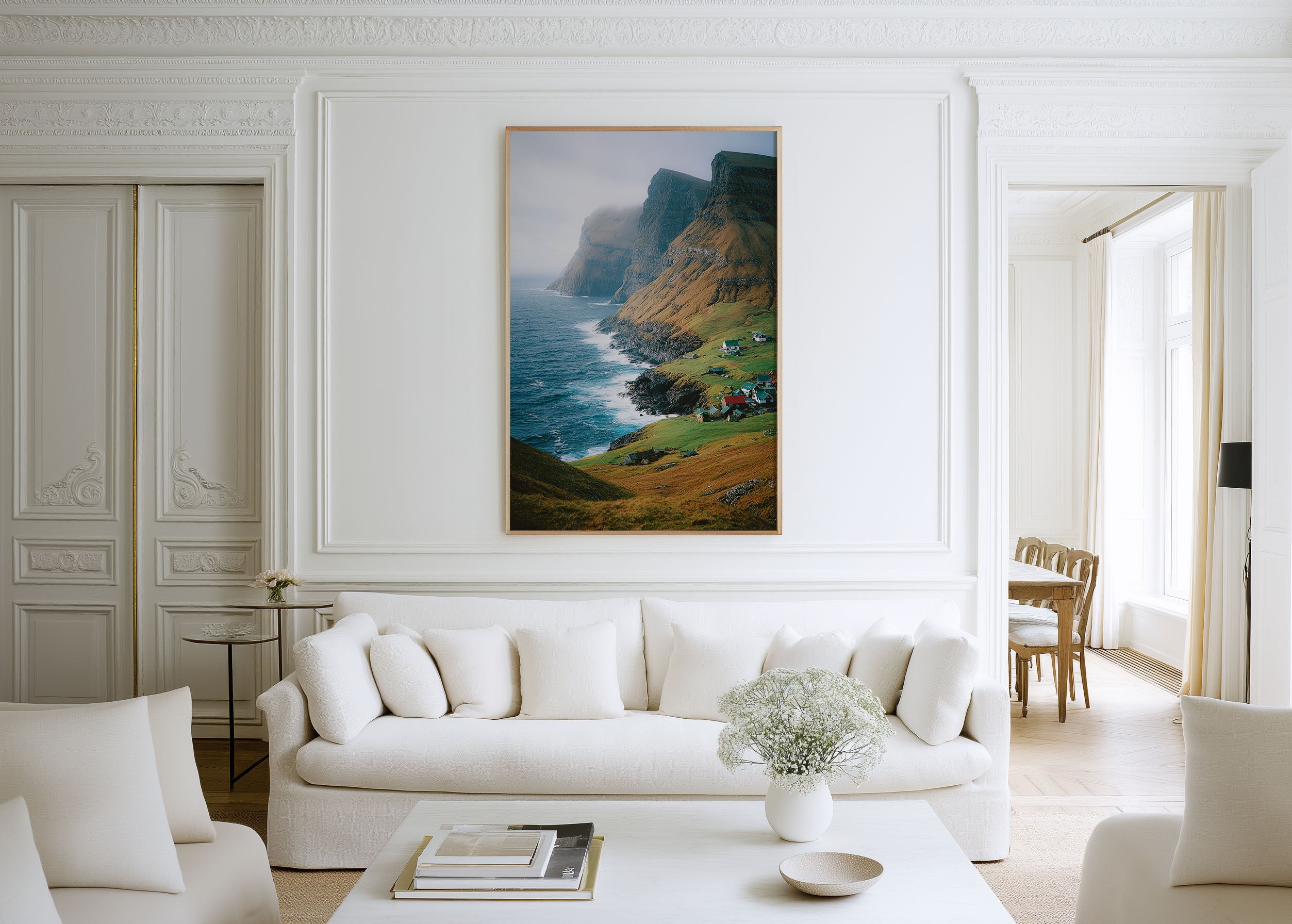 Faroe Islands Village Cliffs Wall Art Print | Gásadalur Coastal Settlement Photography | North Atlantic Basalt Landscape Poster | Nordic Nature Print | Dramatic Home Decor