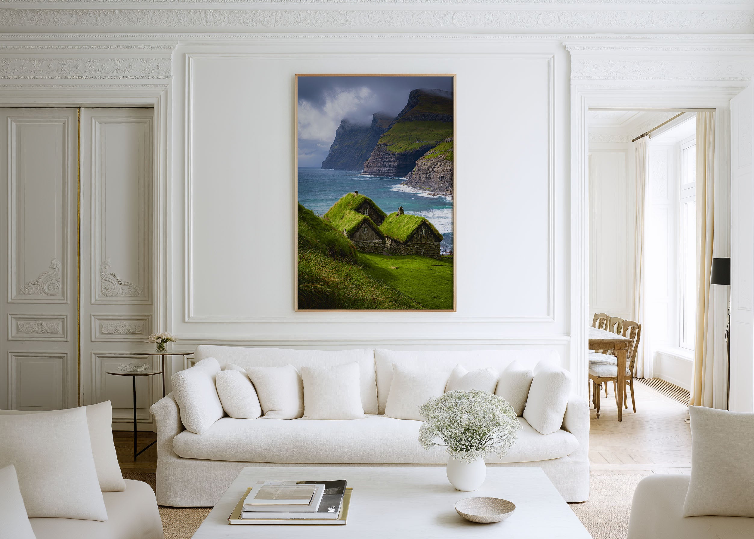 Faroe Islands Grass Roof Cottages Print | Nordic Coastal Wall Art | Dramatic Cliffside Landscape Photography Poster
