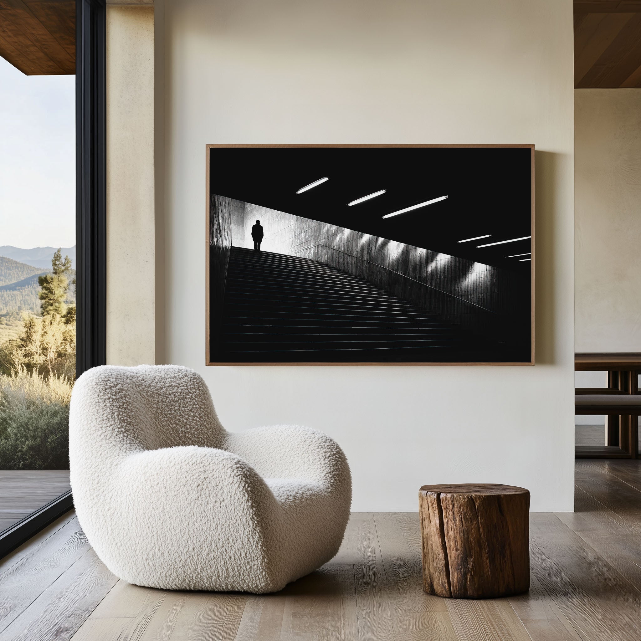 Monumental Staircase Figure Print | Black and White Urban Wall Art | Night Subway Architecture Photography