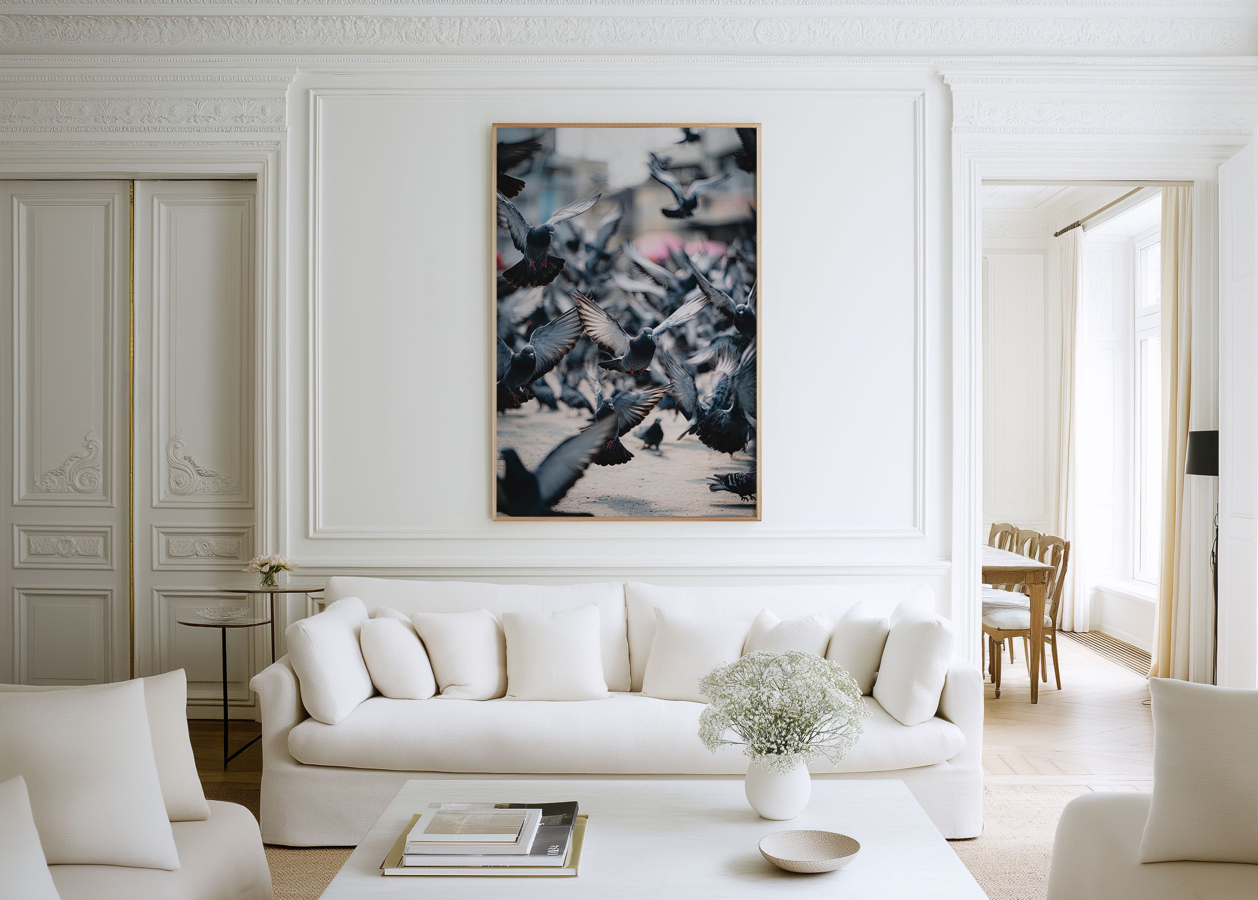 Pigeons Mid-Flight City Square Wall Art Print | Urban Street Photography | Contemporary Bird Nature Home Decor