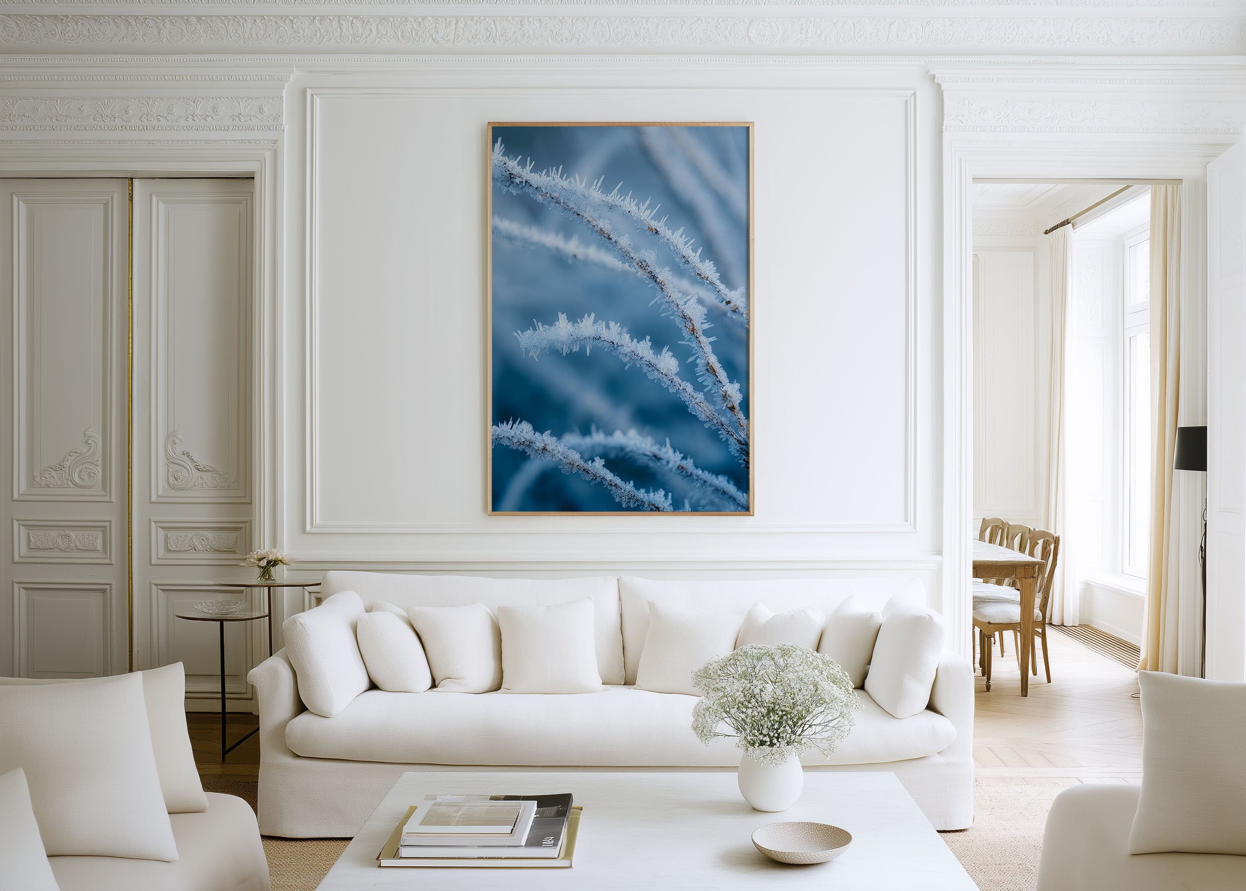 Frost Crystal Macro Wall Art Print | Hoarfrost Branch Close-Up Winter Photography | Ice Crystal Blue Nature Poster