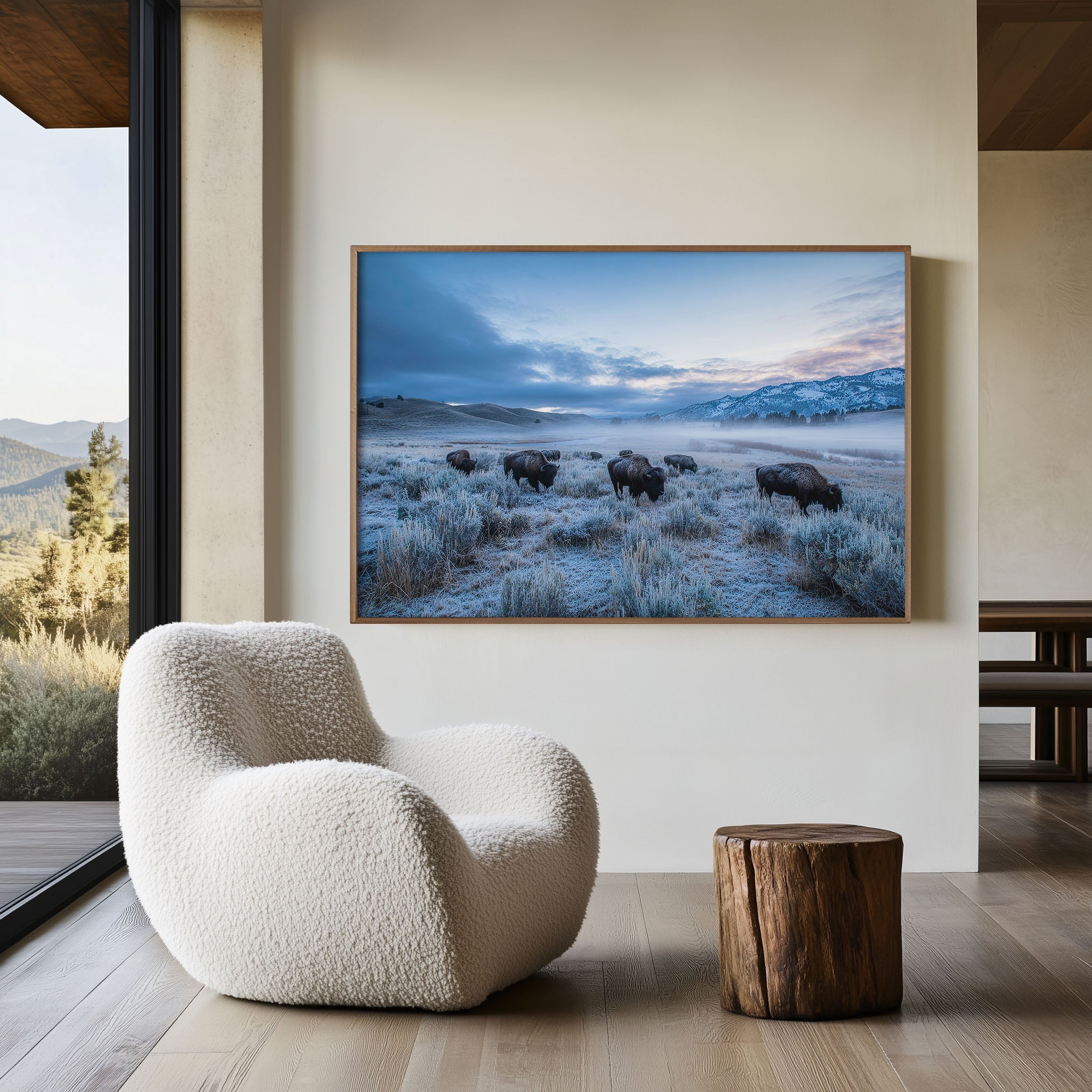 Frostbound Herd – Bison at Dawn Wall Art Print