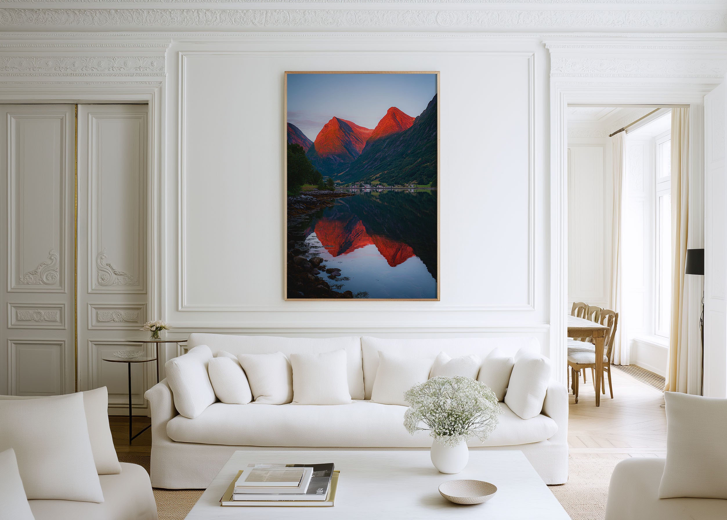 Geirangerfjord Fiery Red Mountain Reflection Wall Art | Norway Fjord Sunset Landscape Print | Dramatic Scandinavia Travel Photography
