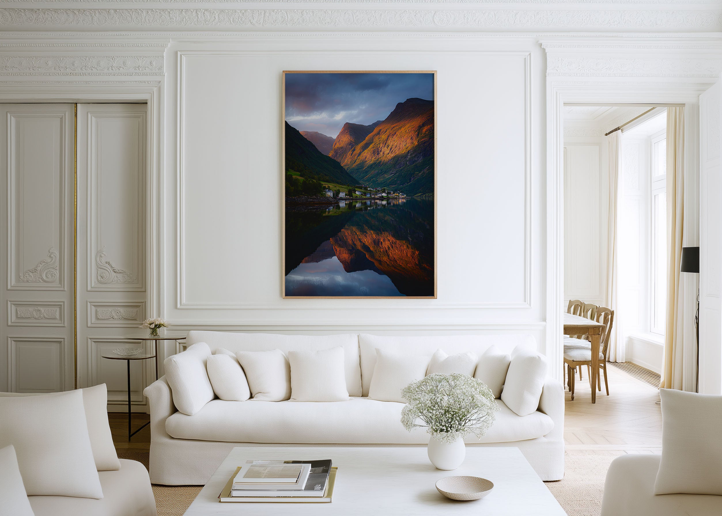 Geirangerfjord Golden Hour Village Reflection Wall Art | Norway Fjord Mountain Landscape Print | Scandinavia Travel Photography