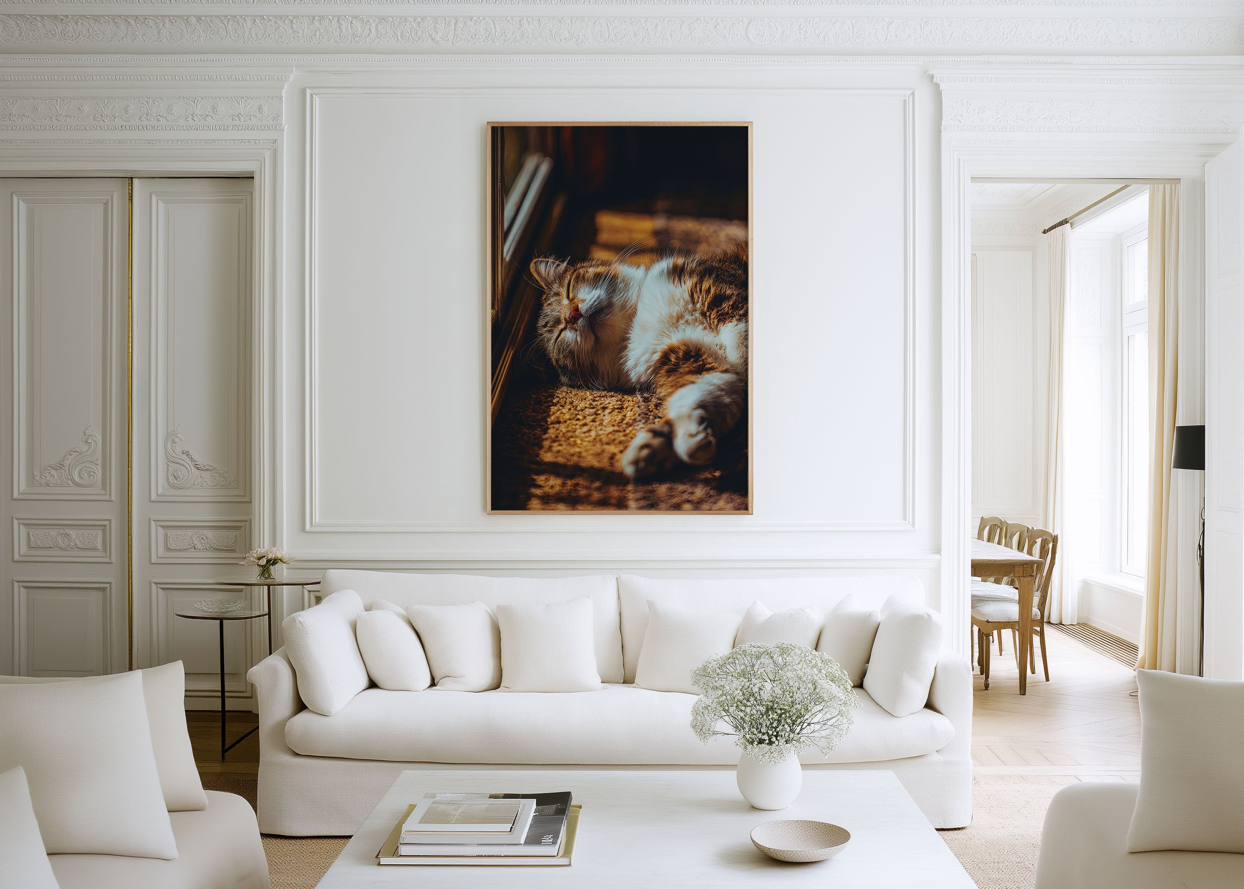 Golden Hour Cat Napping in Sunbeam Wall Art | Warm Toned Tabby Sunbathing Print | Cosy Pet Photography Poster