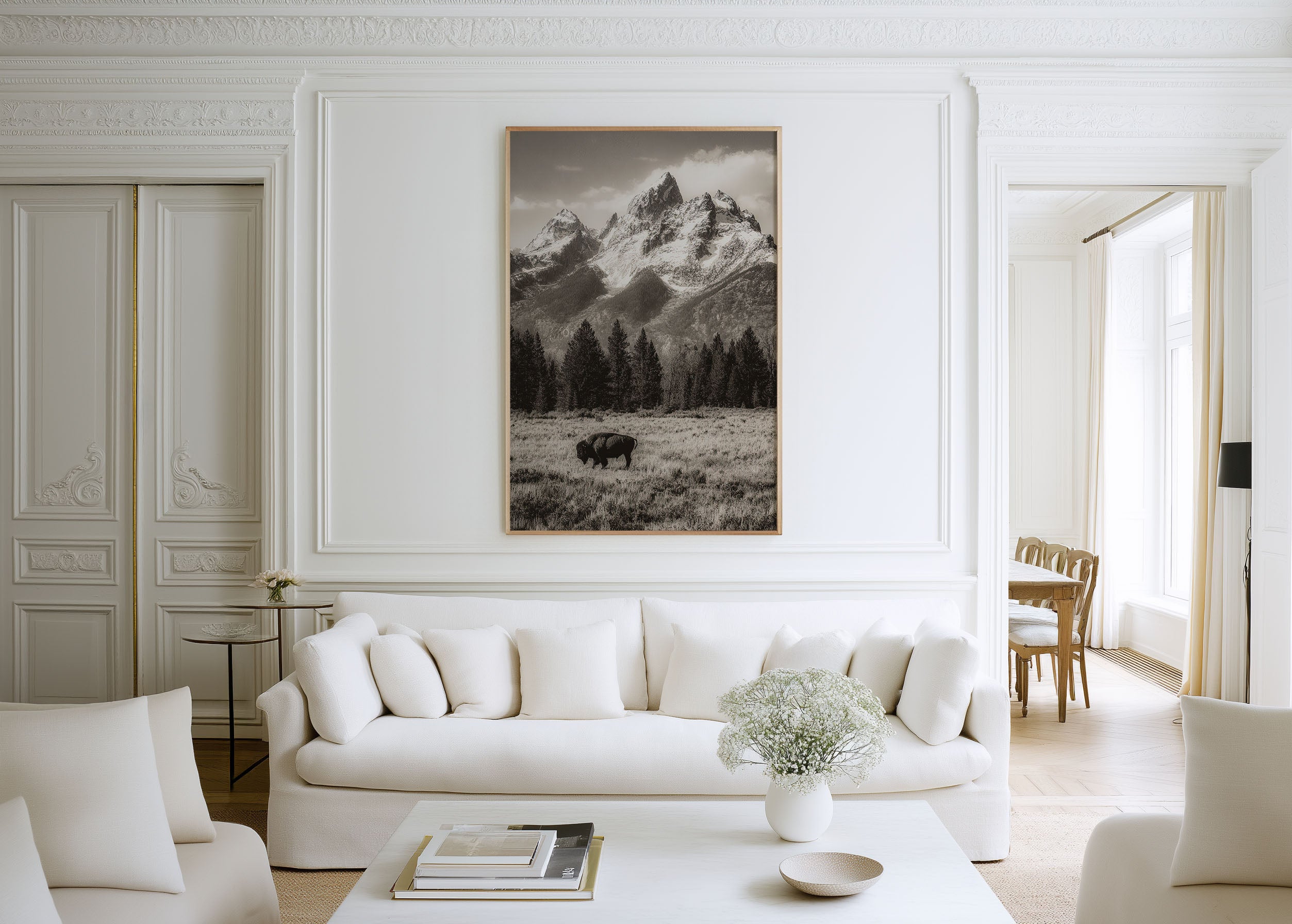 Grand Teton Bison Wall Art Print | Black & White Wyoming Photography | Sepia Mountain Landscape Poster | American West Wildlife Print | Rustic Home Decor