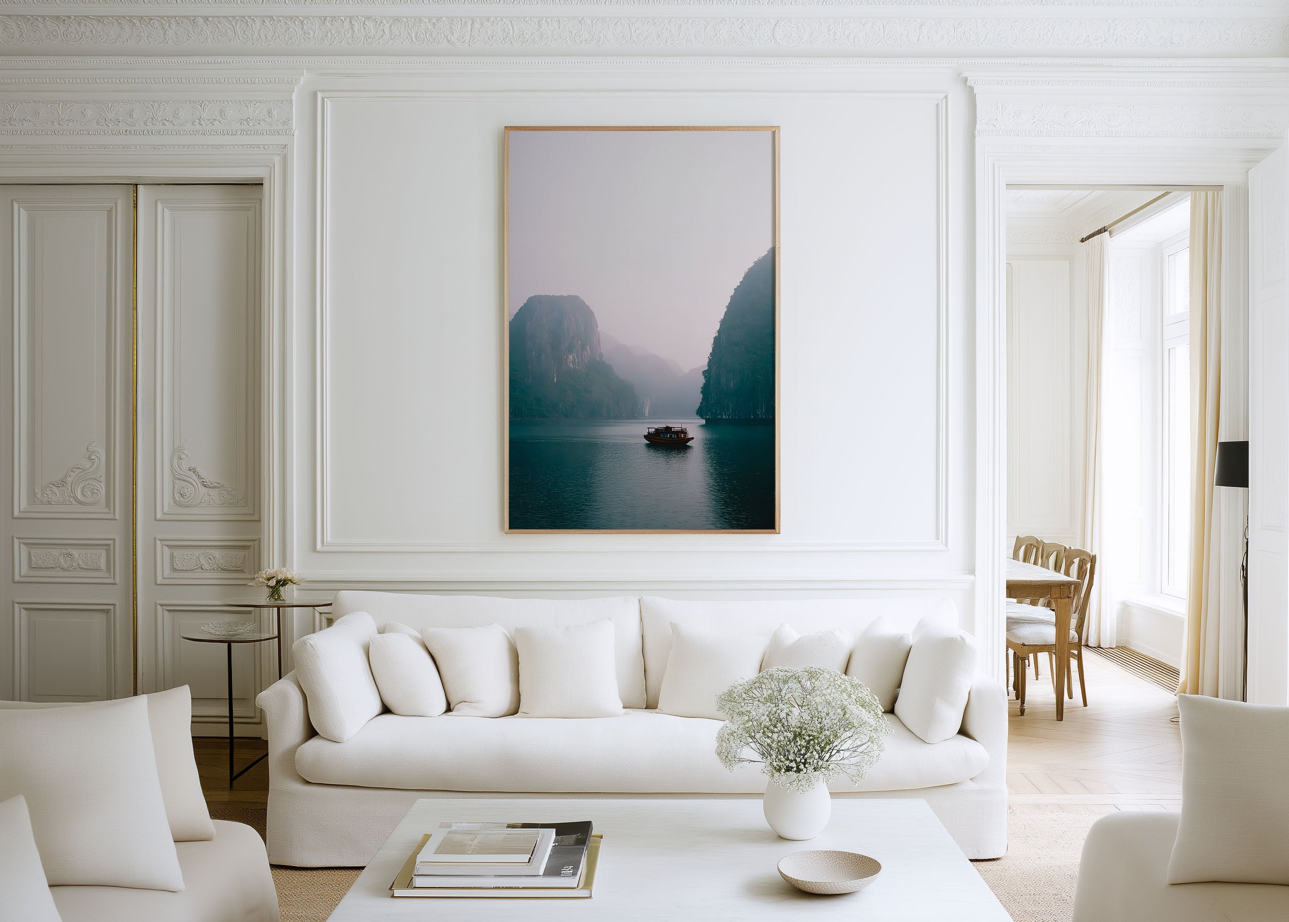 Ha Long Bay Misty Morning Wall Art Print | Vietnam Lone Boat Karst Photography | Foggy Limestone Islands Landscape Poster | Southeast Asia Travel Print | Minimalist Home Decor