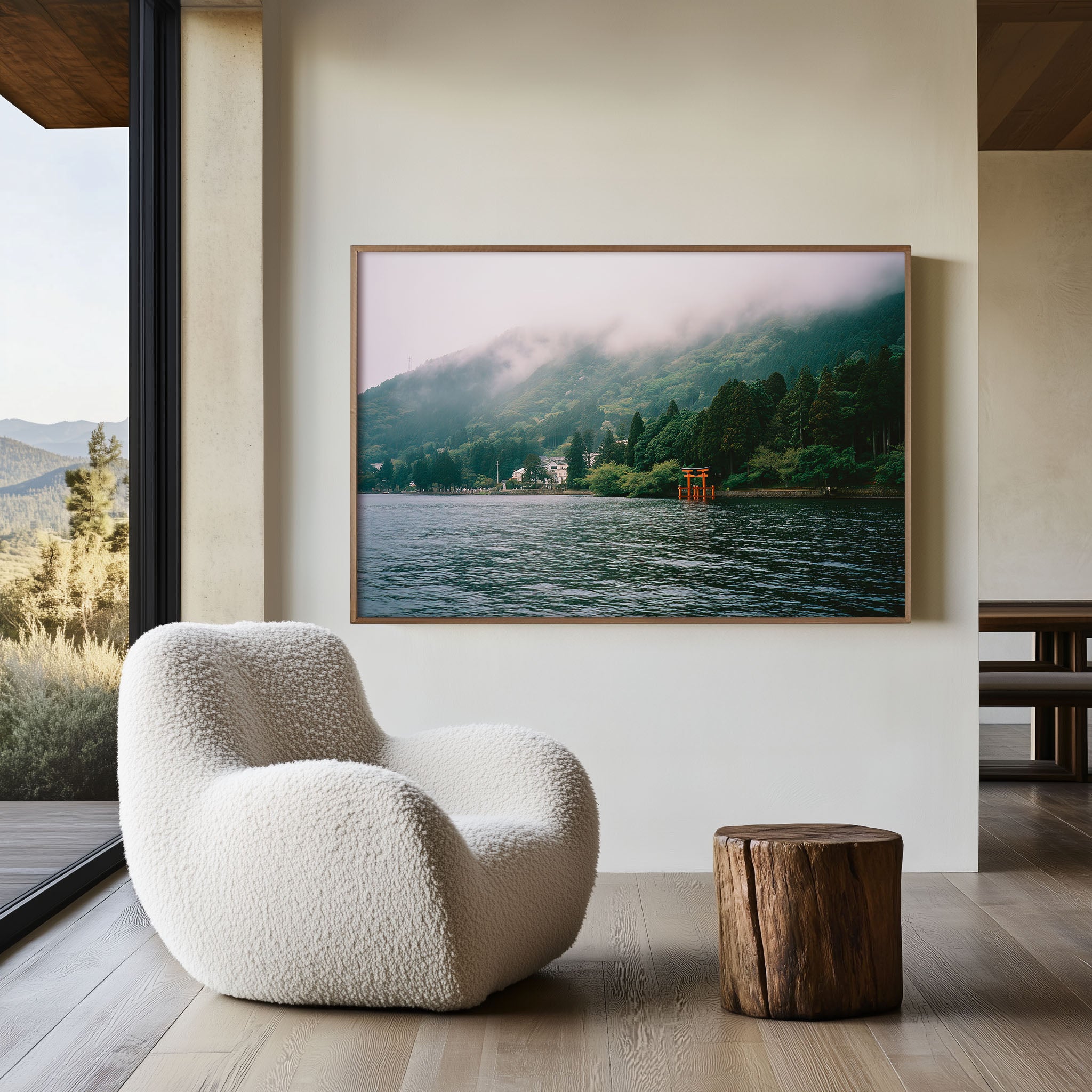 Hakone Lake Torii Gate Japan Wall Art Print, Misty Japanese Shrine Landscape