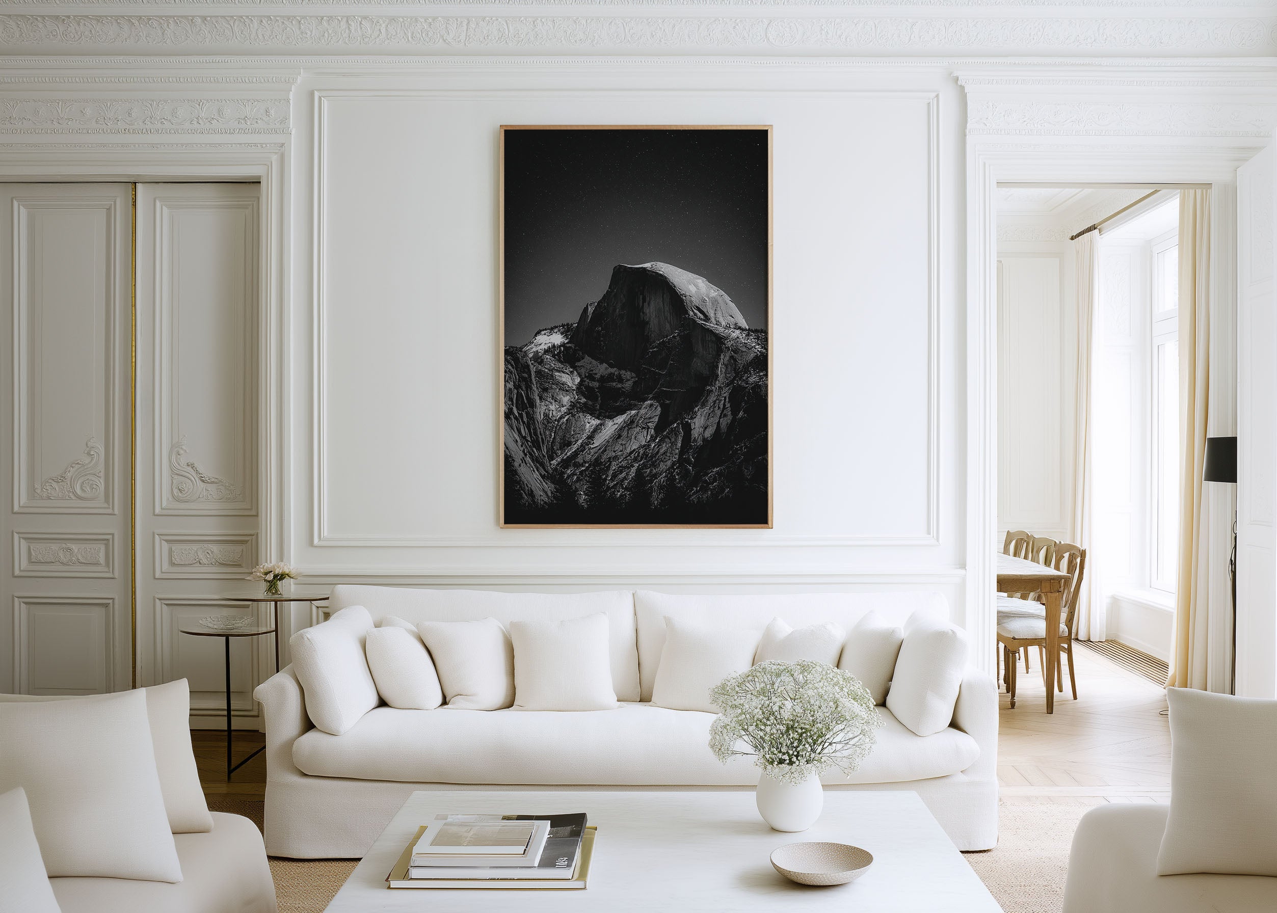 Yosemite Half Dome Night Wall Art Print | Black & White Starry Sky Photography | Yosemite National Park Poster | Moonlit Mountain Print | Dark Moody Home Decor