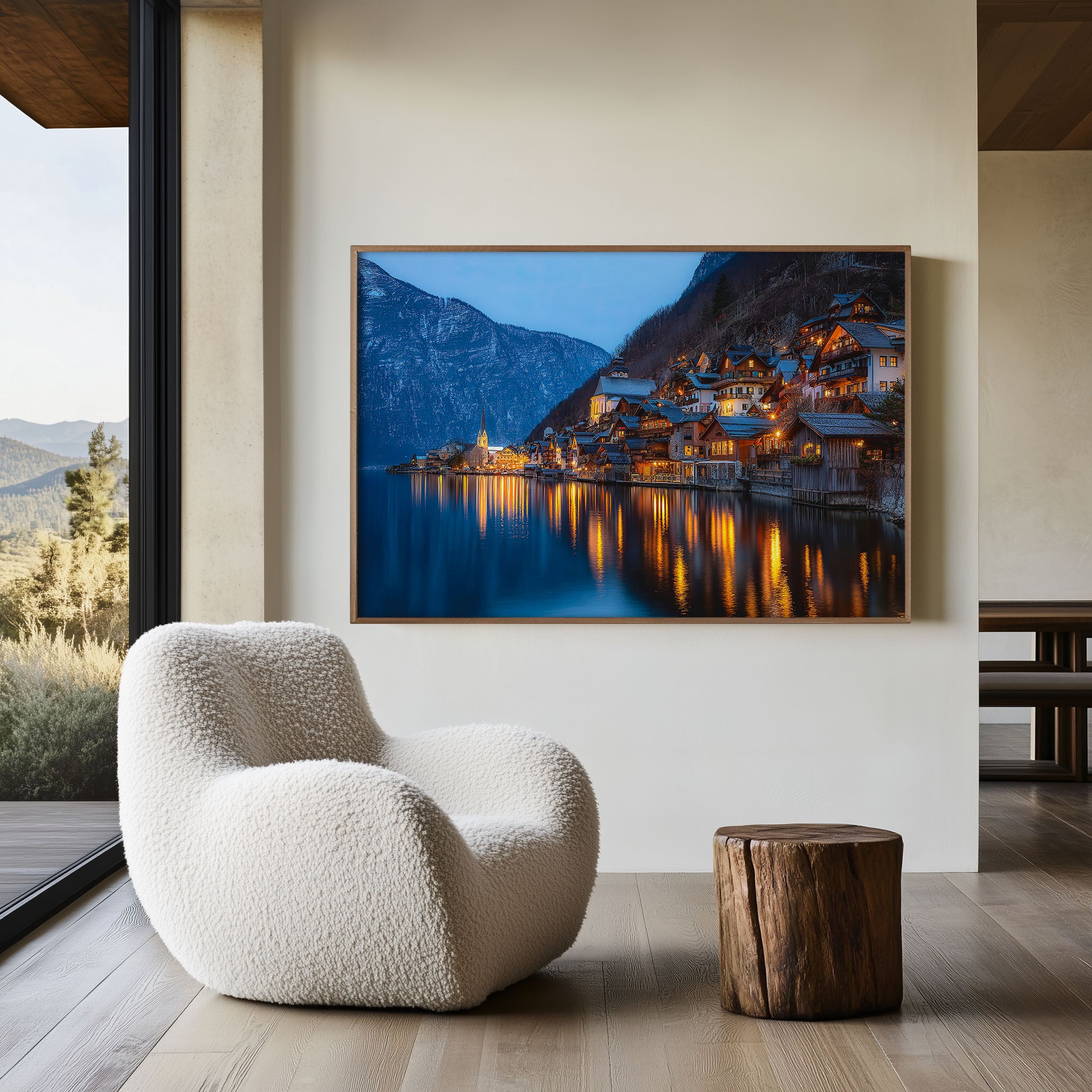 Hallstatt Austria Lakeside Village Wall Art Print – Alpine Night Reflection