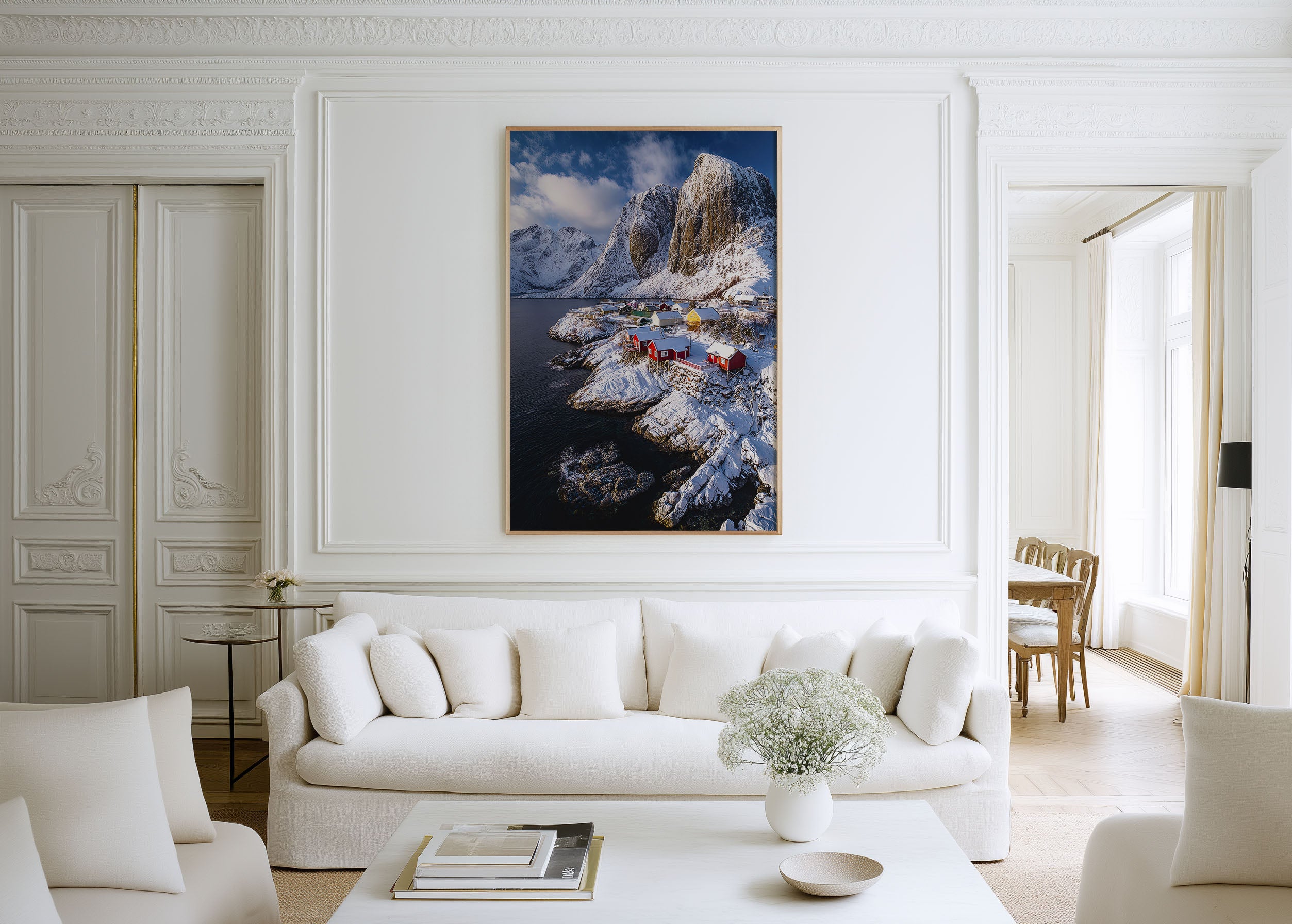 Hamnøy Lofoten Aerial Winter Wall Art Print | Norway Fishing Village Snow Photography | Red Rorbuer Arctic Mountain Poster