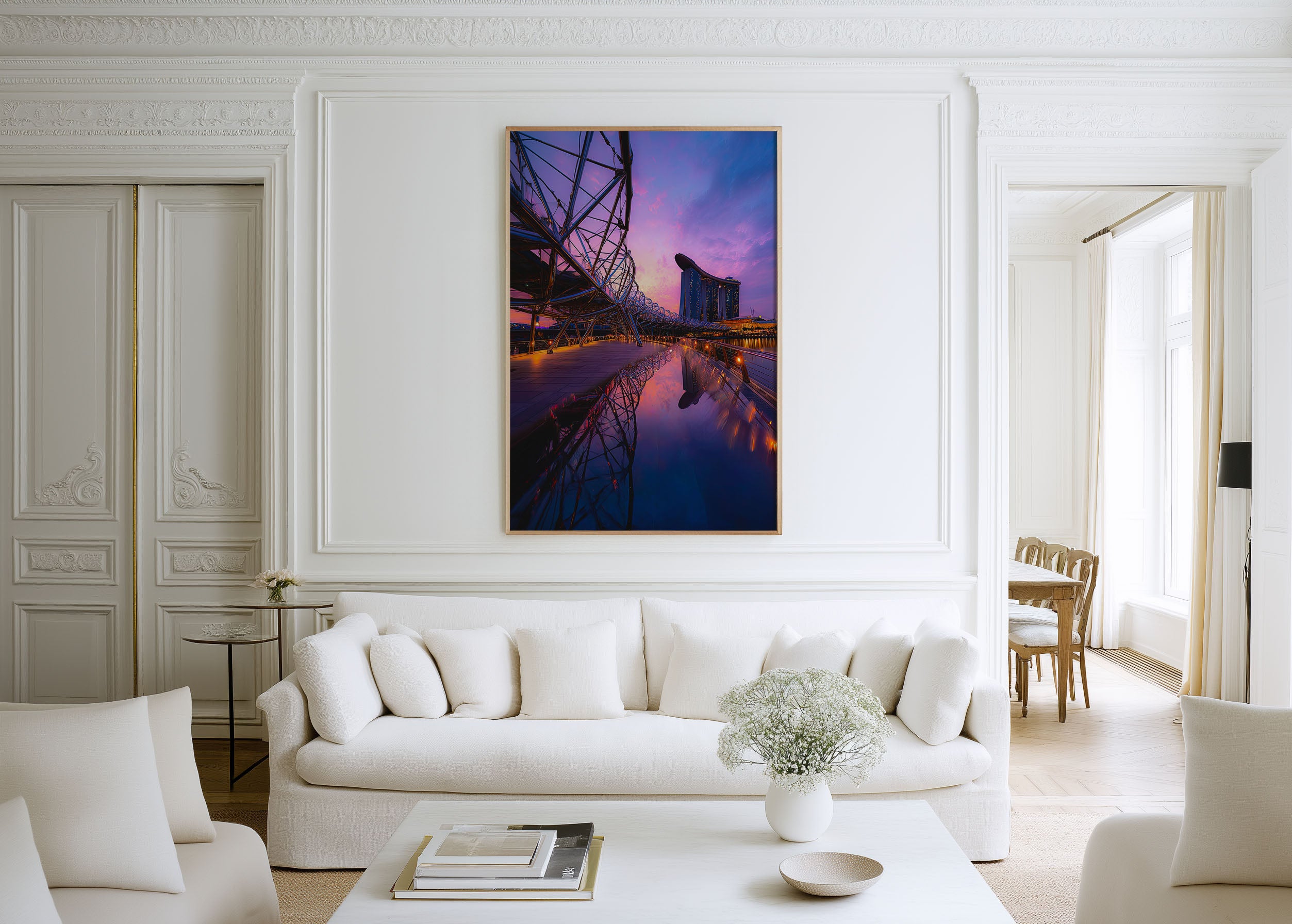 Helix Bridge Marina Bay Sands Purple Sunset Wall Art | Singapore Skyline Reflection Print | Modern City Travel Photography