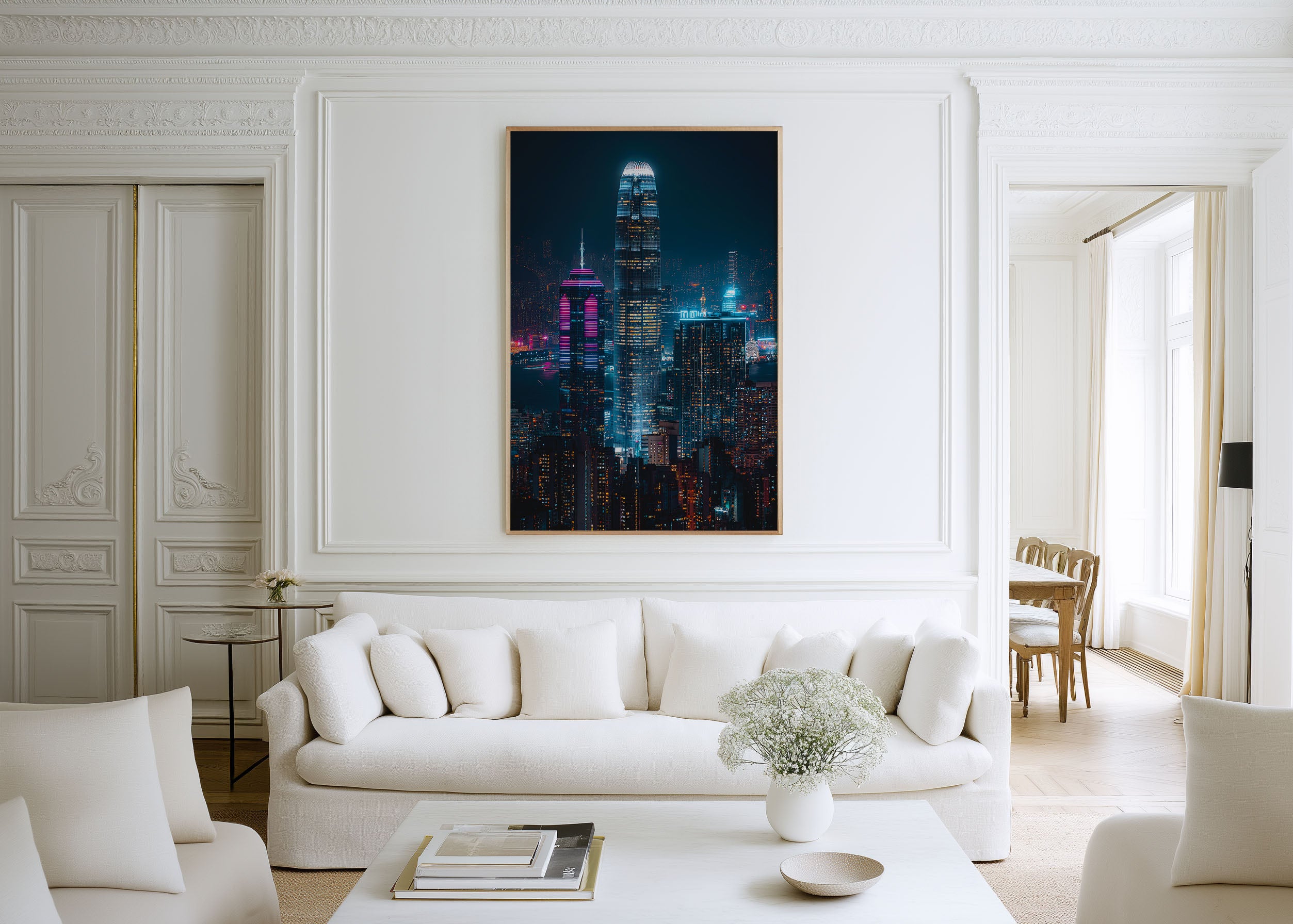 Hong Kong Night Skyline Wall Art | Two IFC Victoria Harbour Neon Print | City Lights Photography Poster