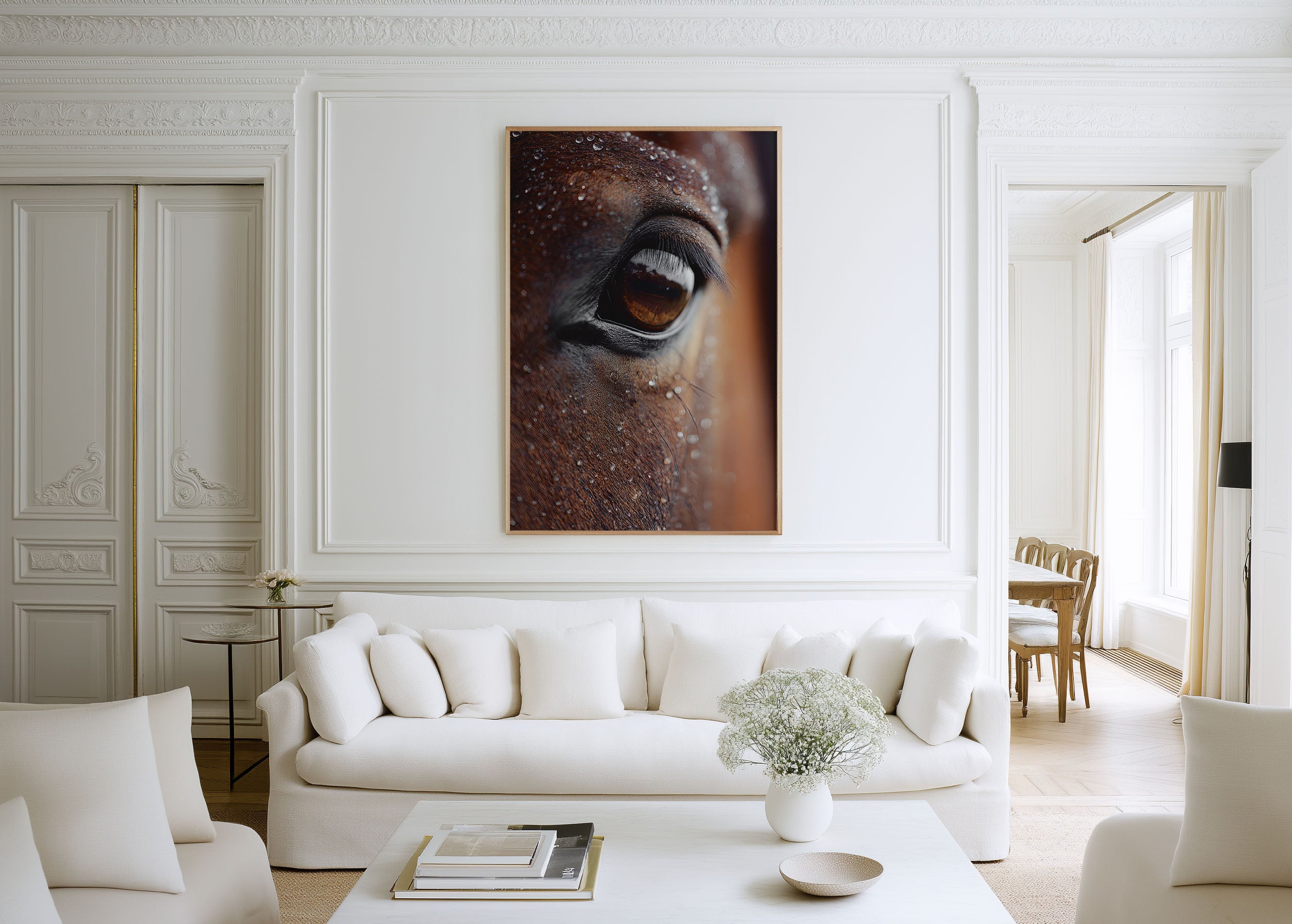 Horse Eye Close-Up Rain Drops Wall Art | Dramatic Equine Portrait Photography Print | Animal Macro Nature Poster