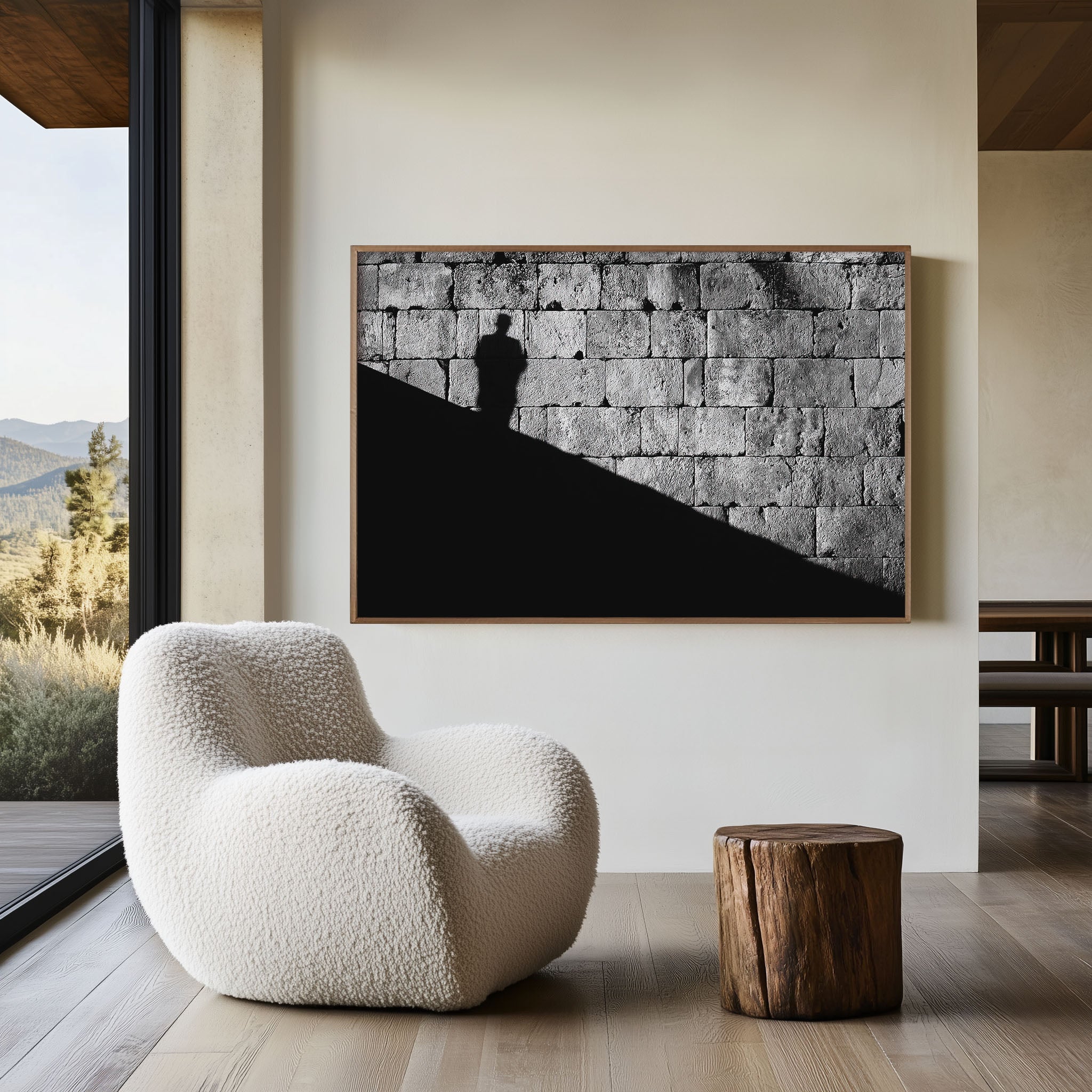 Human Shadow Ancient Stone Wall Print | Black and White Street Photography Wall Art | Light and Shadow Photography