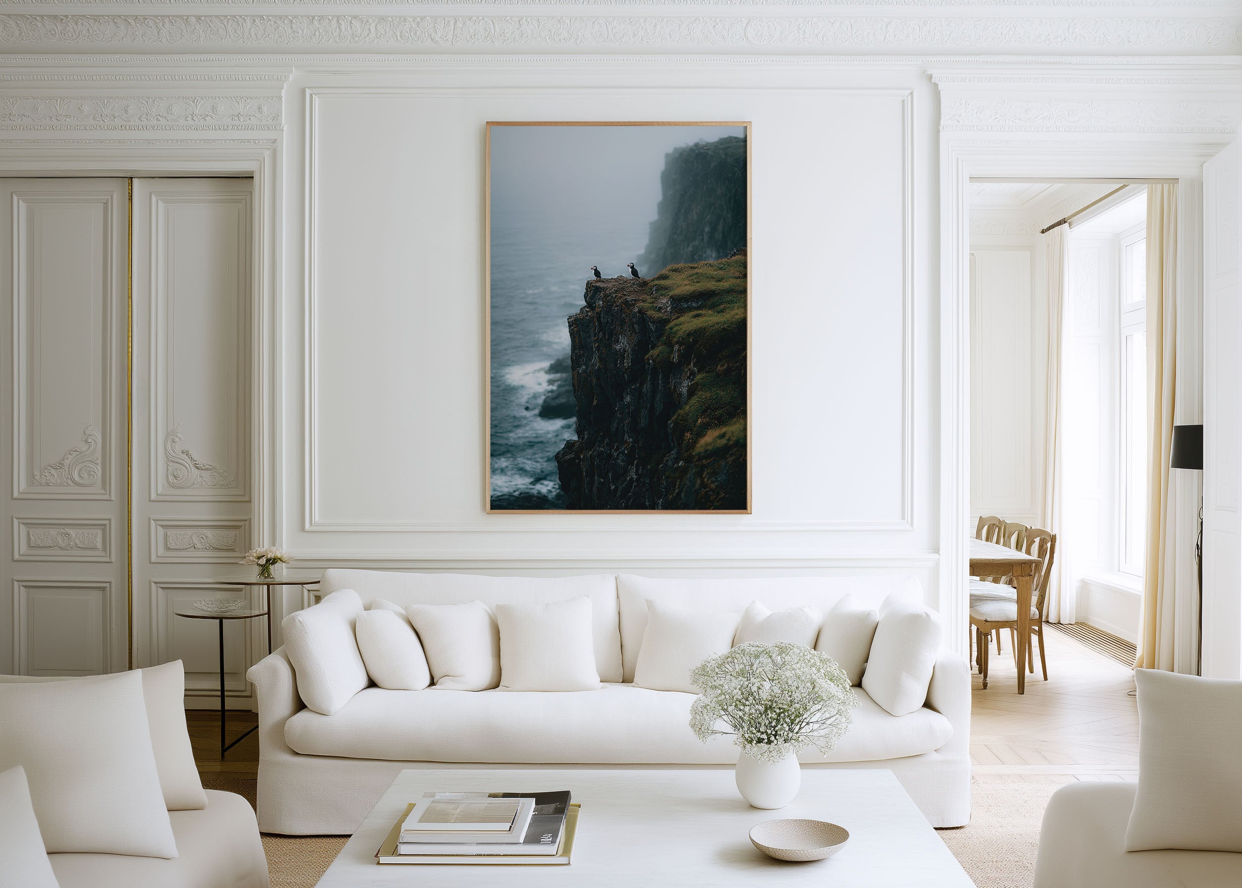 Iceland Puffins Wall Art Print – Misty Ocean Cliff Canvas, Moody Coastal Wildlife Photography, Nordic Landscape Decor