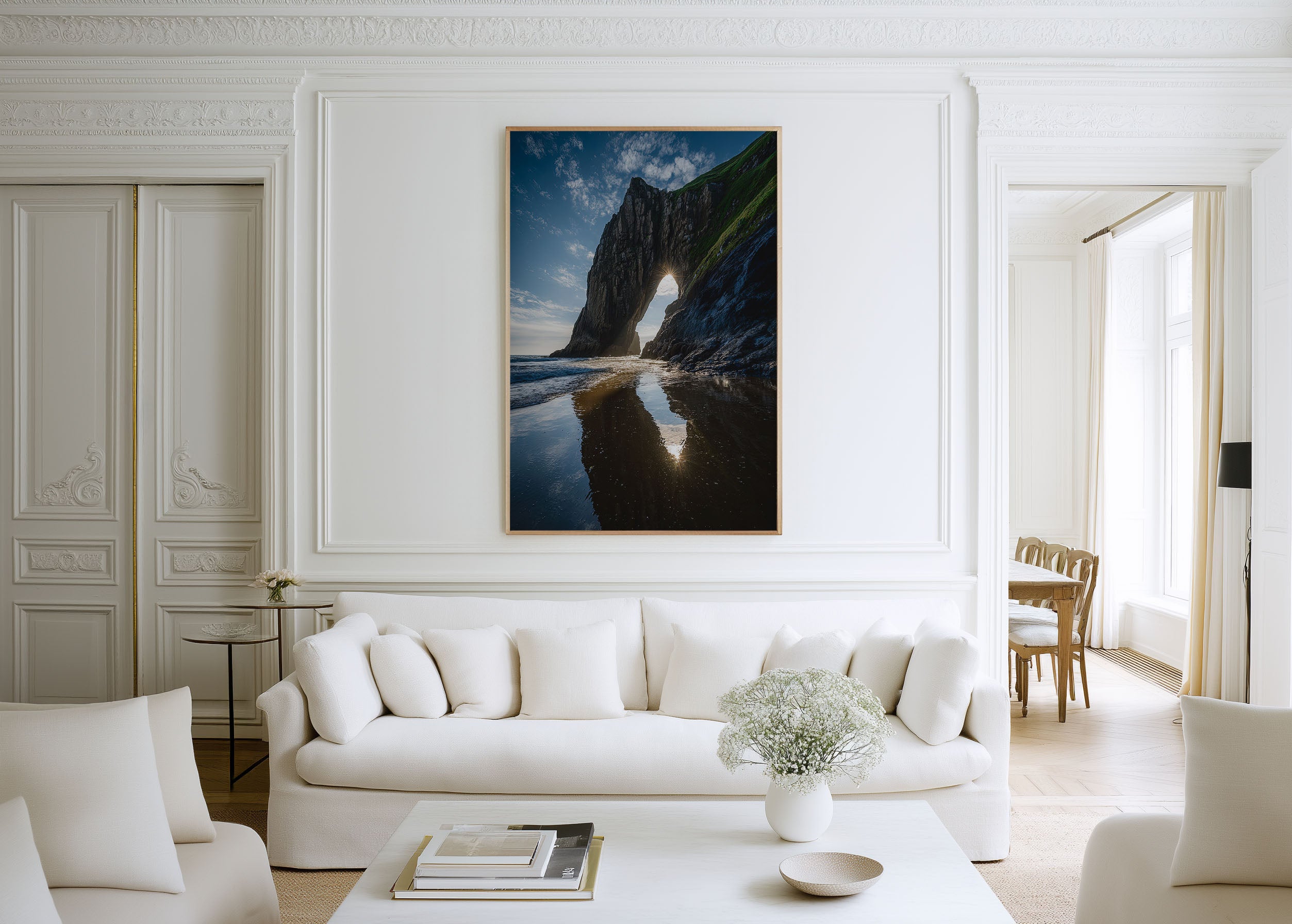 Irish Coast Print | Sea Arch Sunburst Wall Art | Ireland Coastal Rock Formation | Ocean Beach Photography Poster