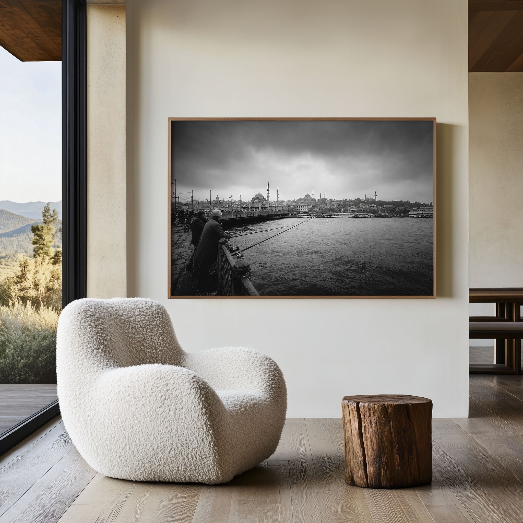 Istanbul Galata Bridge Black & White Wall Art Print