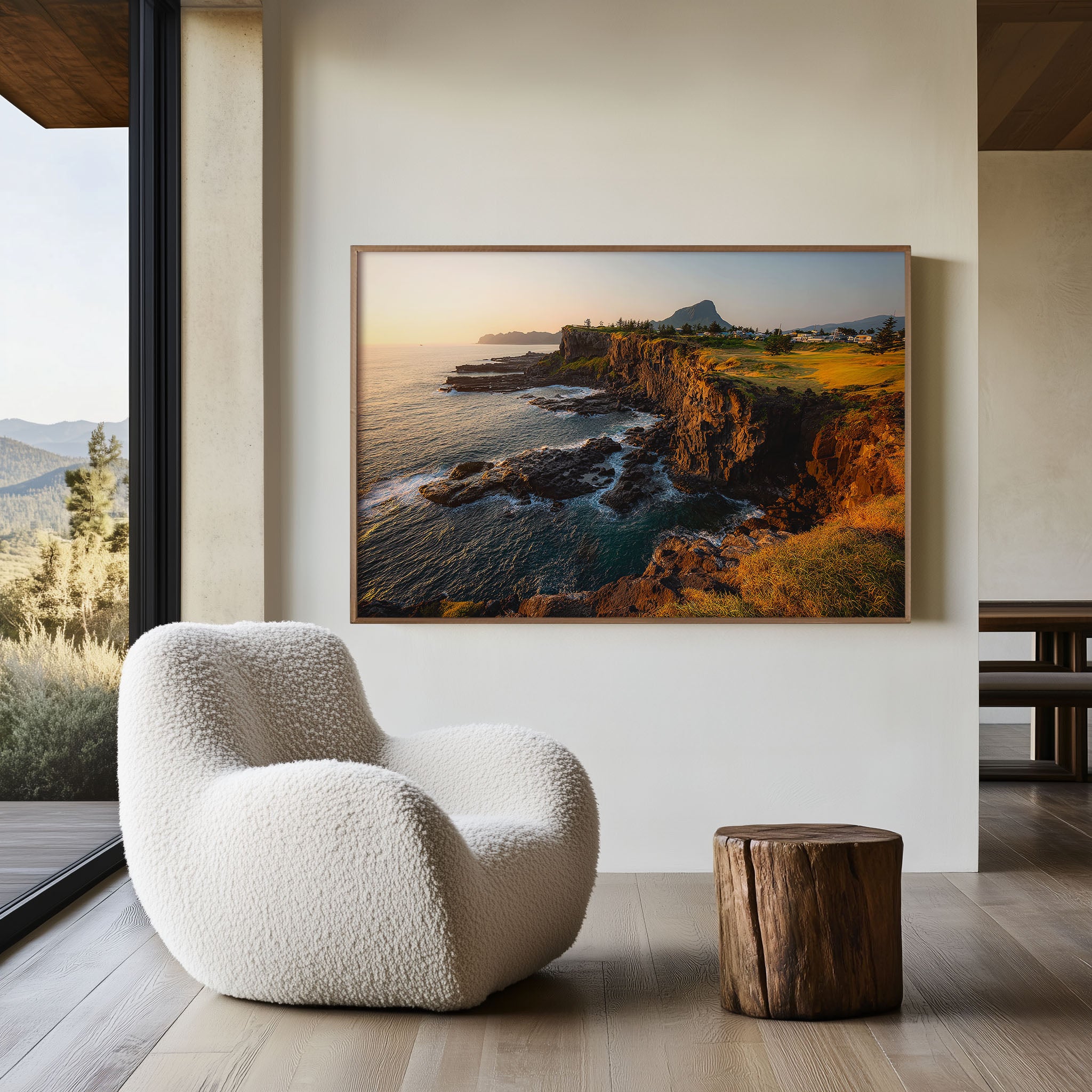 Jeju Island Coastal Cliffs Sunset Wall Art Print – Golden Ocean View