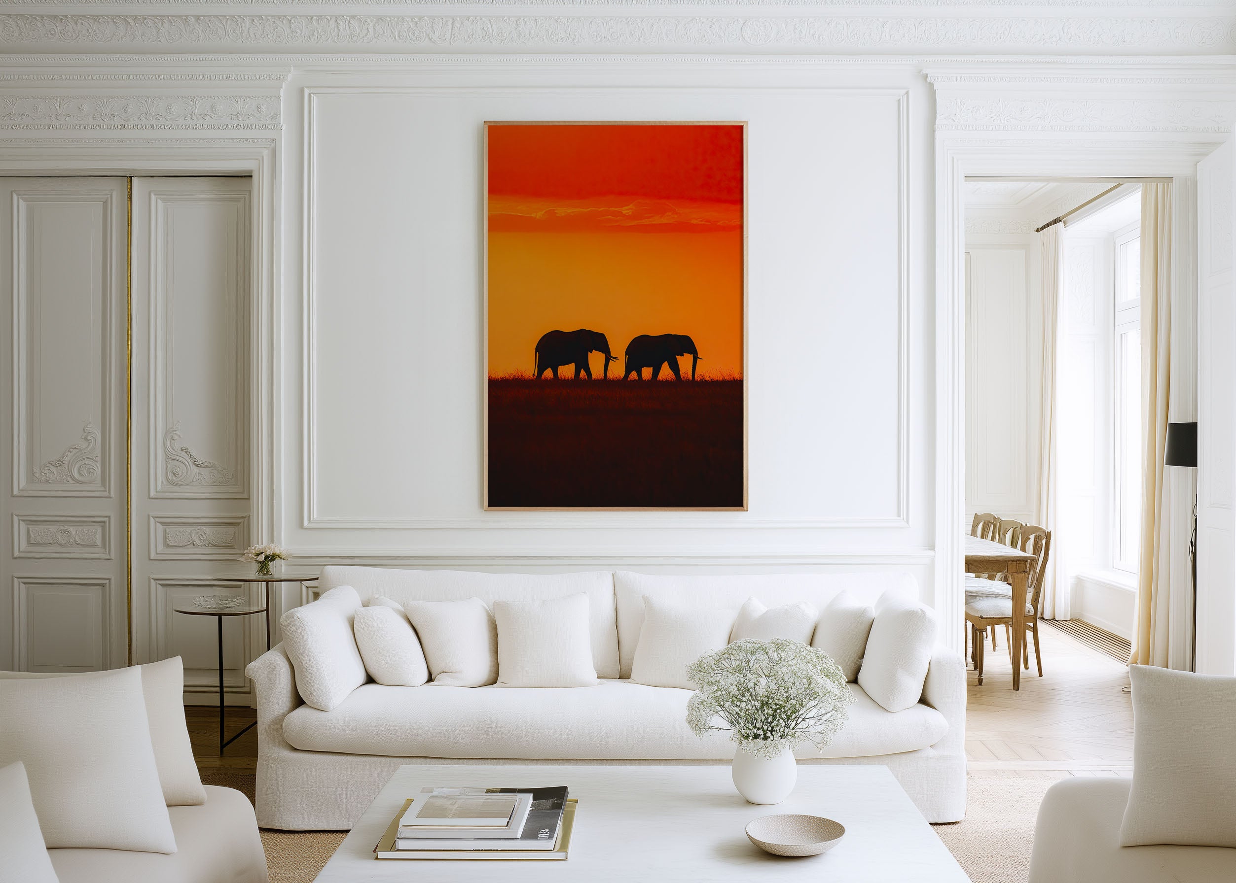 Kenya Elephant Duo Silhouette Red Sunset Wall Art Print | African Safari Wildlife Photography Poster | Savanna Nature Decor