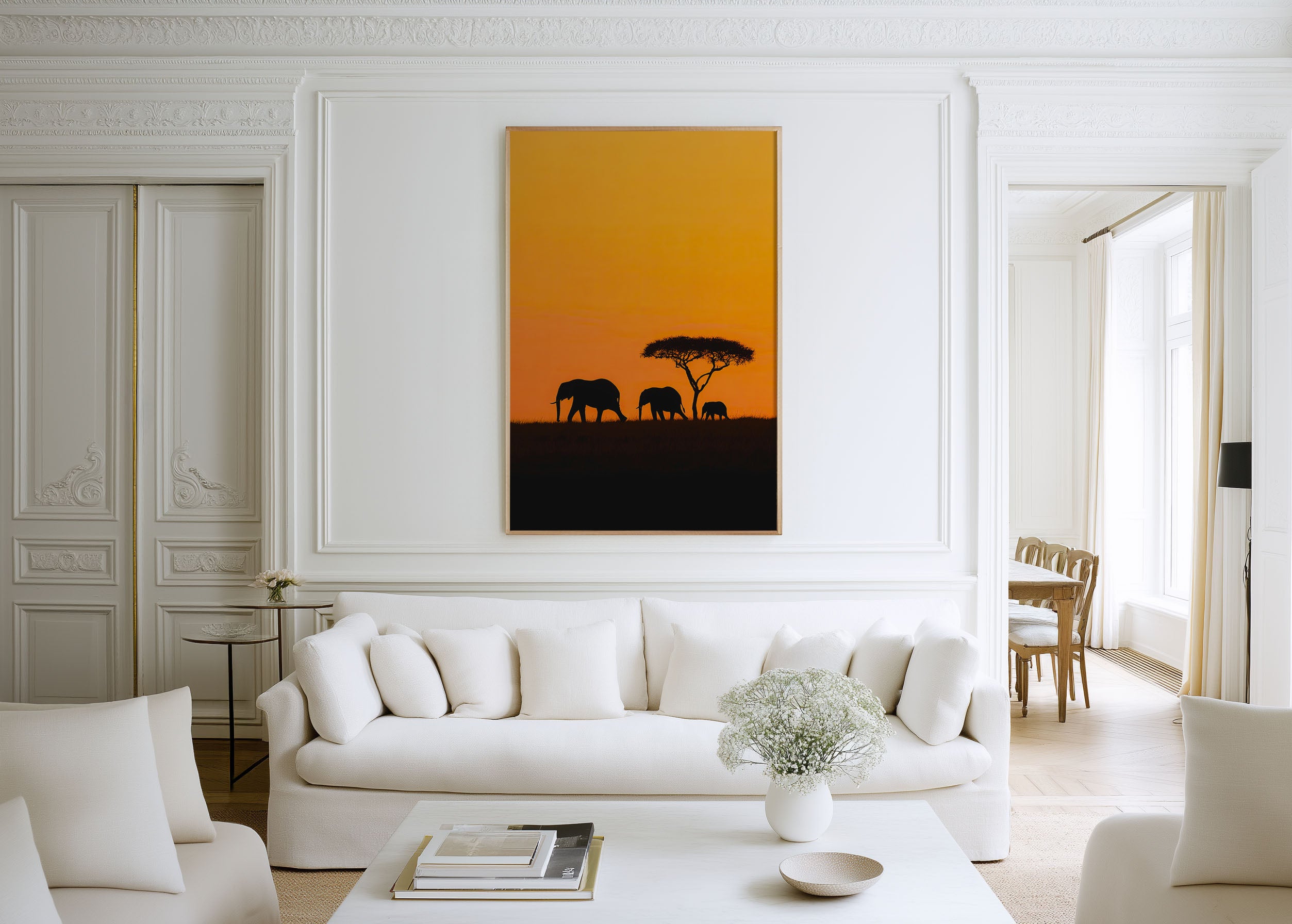 Kenya Elephant Family Silhouette Orange Sunset Wall Art Print | African Safari Wildlife Photography Poster | Savanna Nature Decor