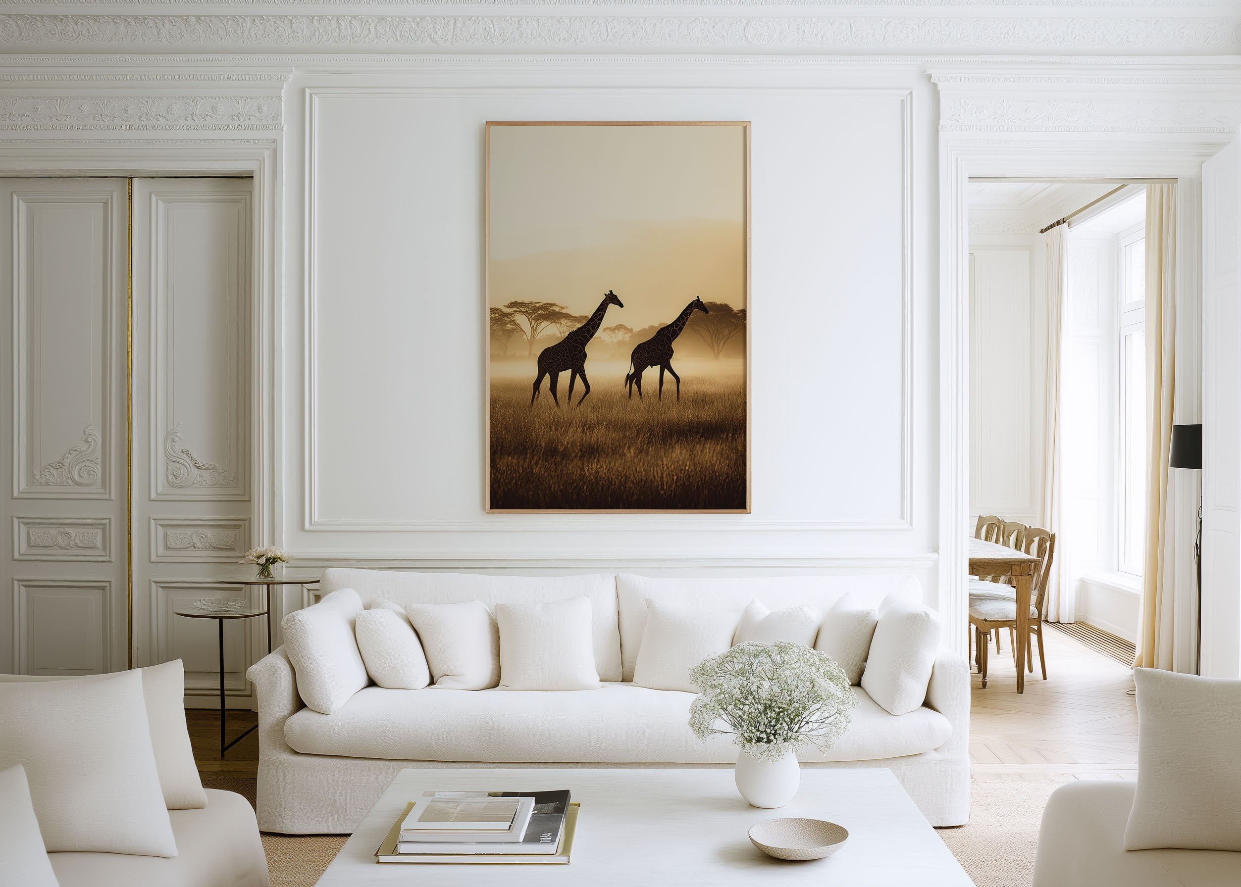 Kenya Giraffe Pair Golden Savannah Morning Mist Wall Art Print | African Wildlife Photography Poster | Safari Nature Decor