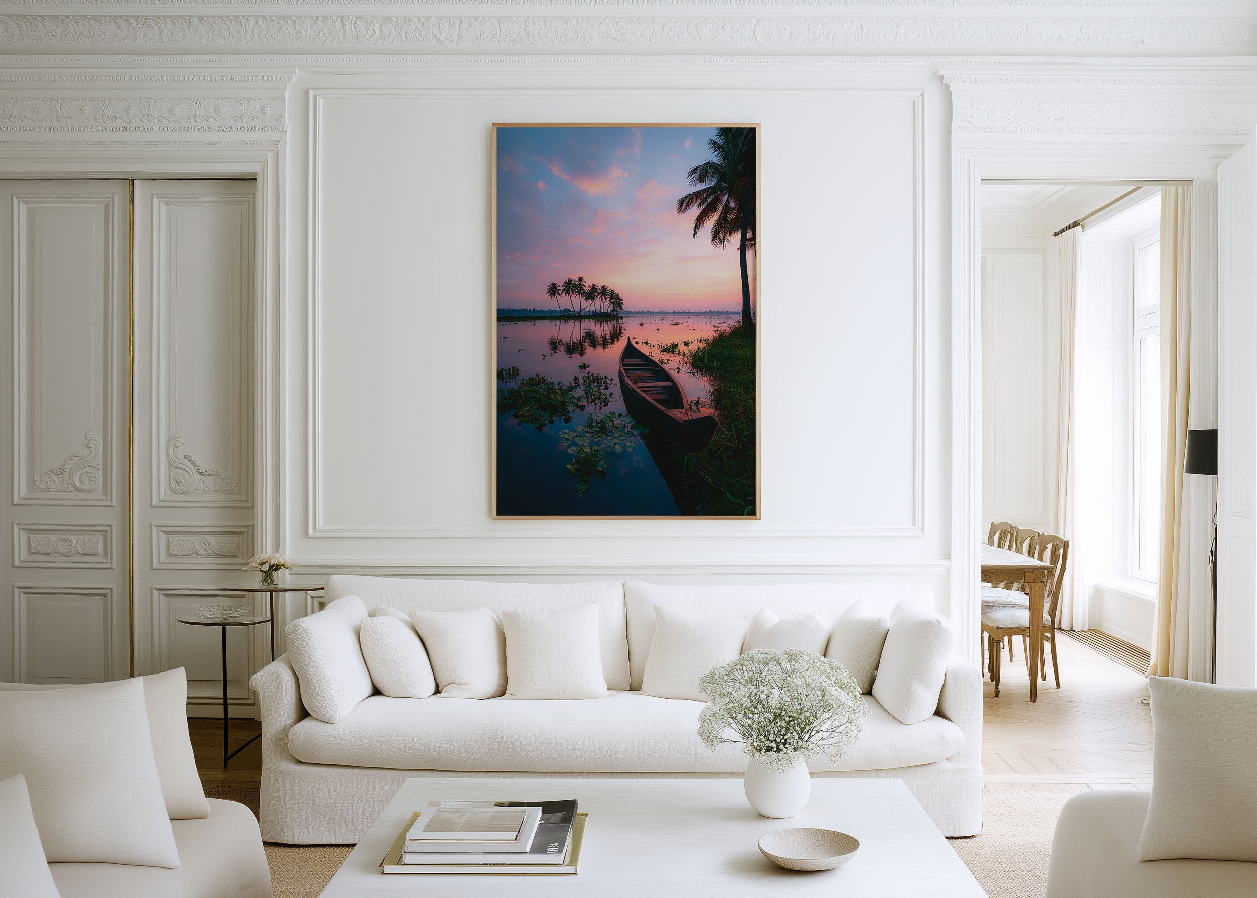 Kerala Backwaters Wooden Boat Pink Sunset Wall Art Print | India Travel Photography Poster | Tropical Waterway Nature Decor