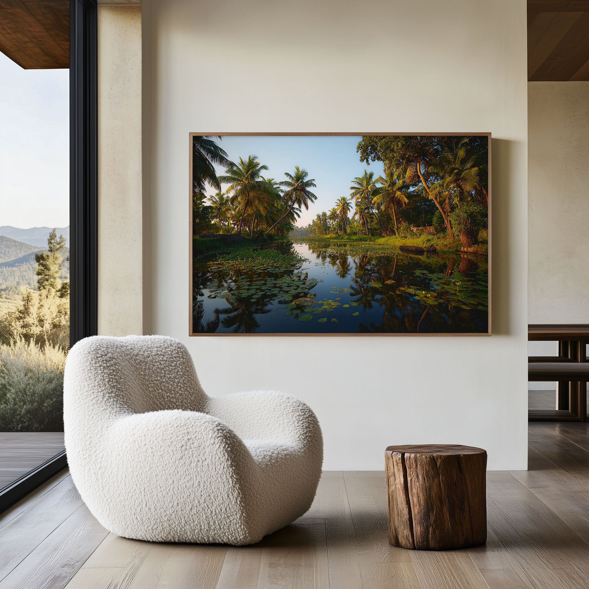 Kerala Palm River Reflections Wall Art Print – Tropical Backwater Landscape