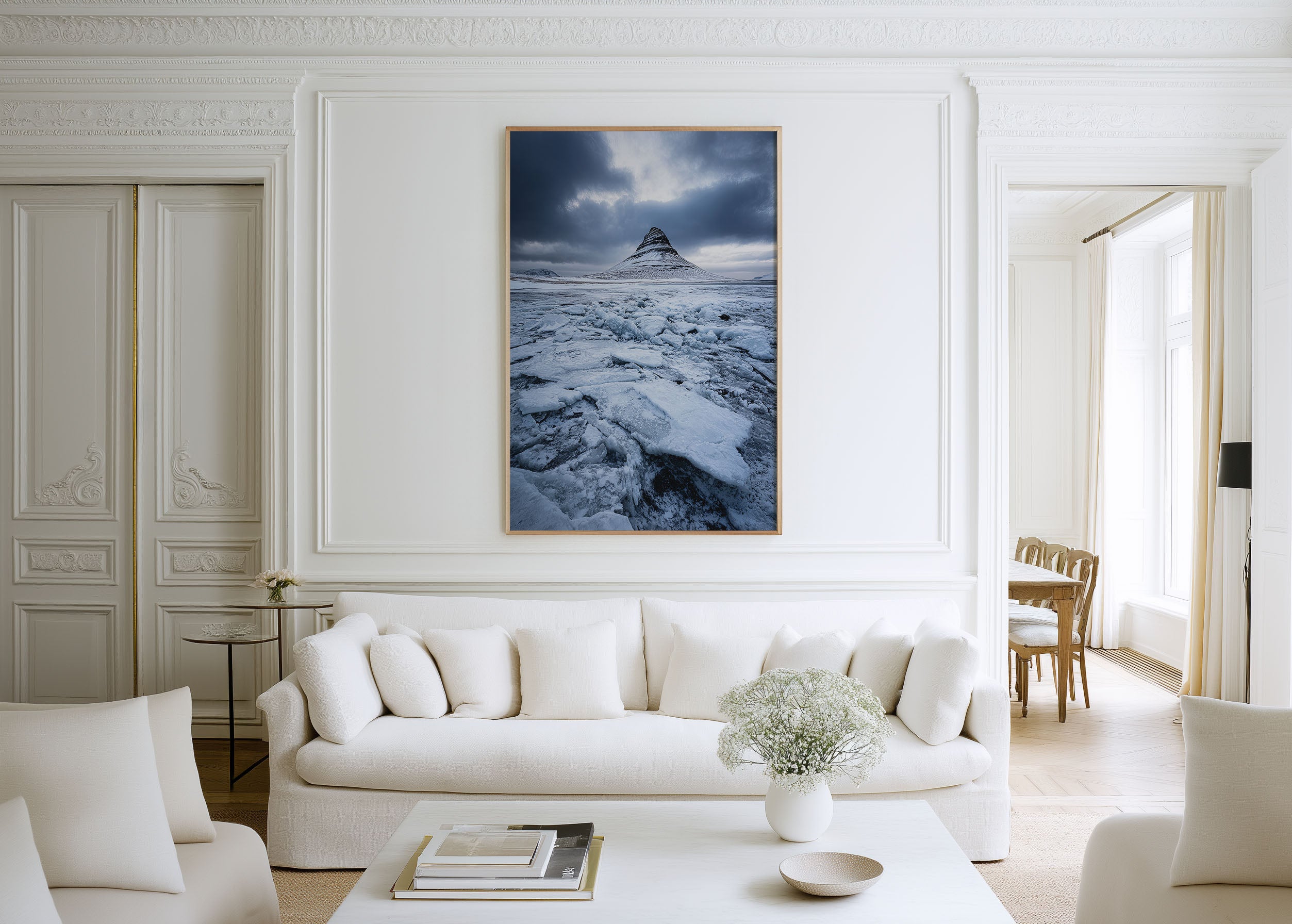 Kirkjufell Winter Broken Ice Wall Art Print | Iceland Snow Mountain Photography | Arctic Frozen Landscape Moody Poster