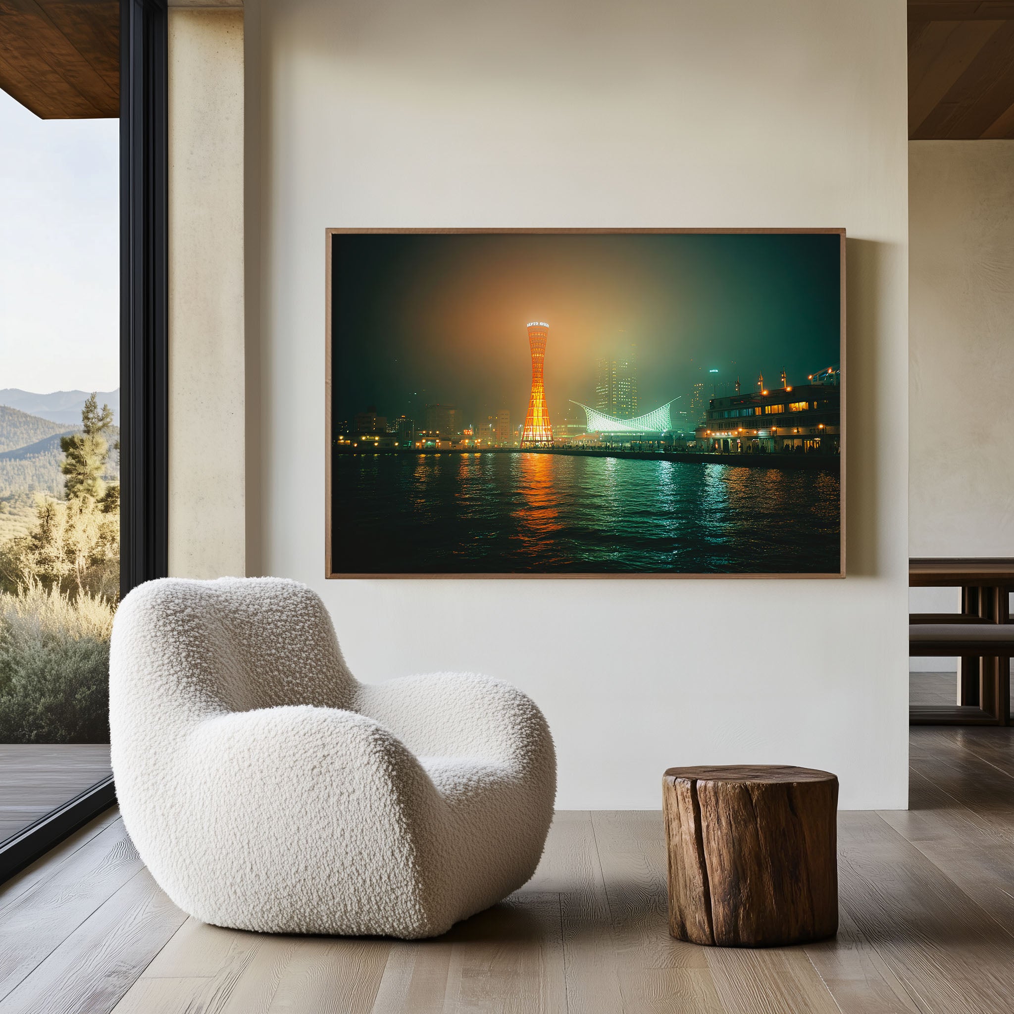 Kobe Port Tower Japan Night Wall Art Print, Harbor City Lights