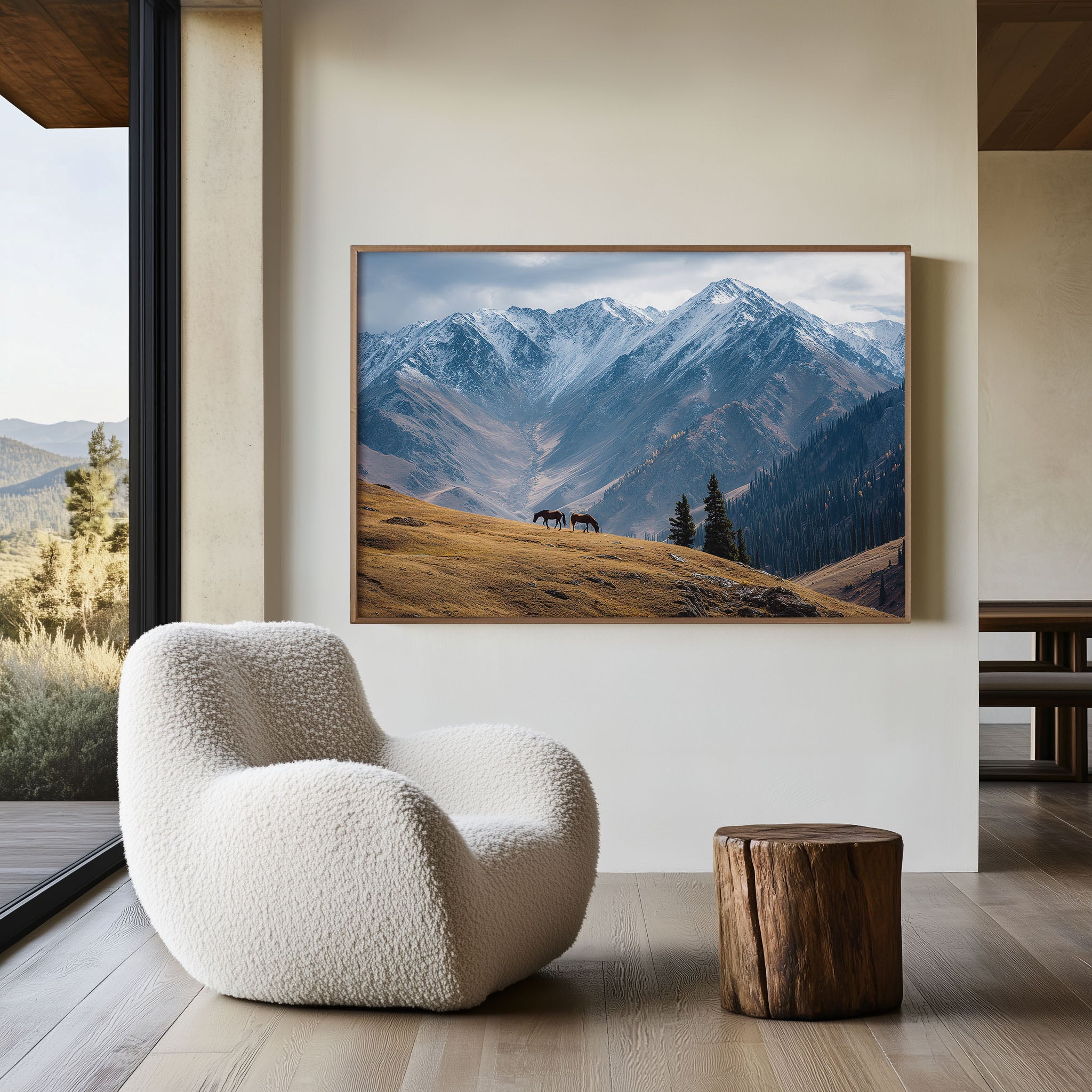 Wild Horses Mountain Landscape Wall Art – Snowy Peaks Nature Photography Print
