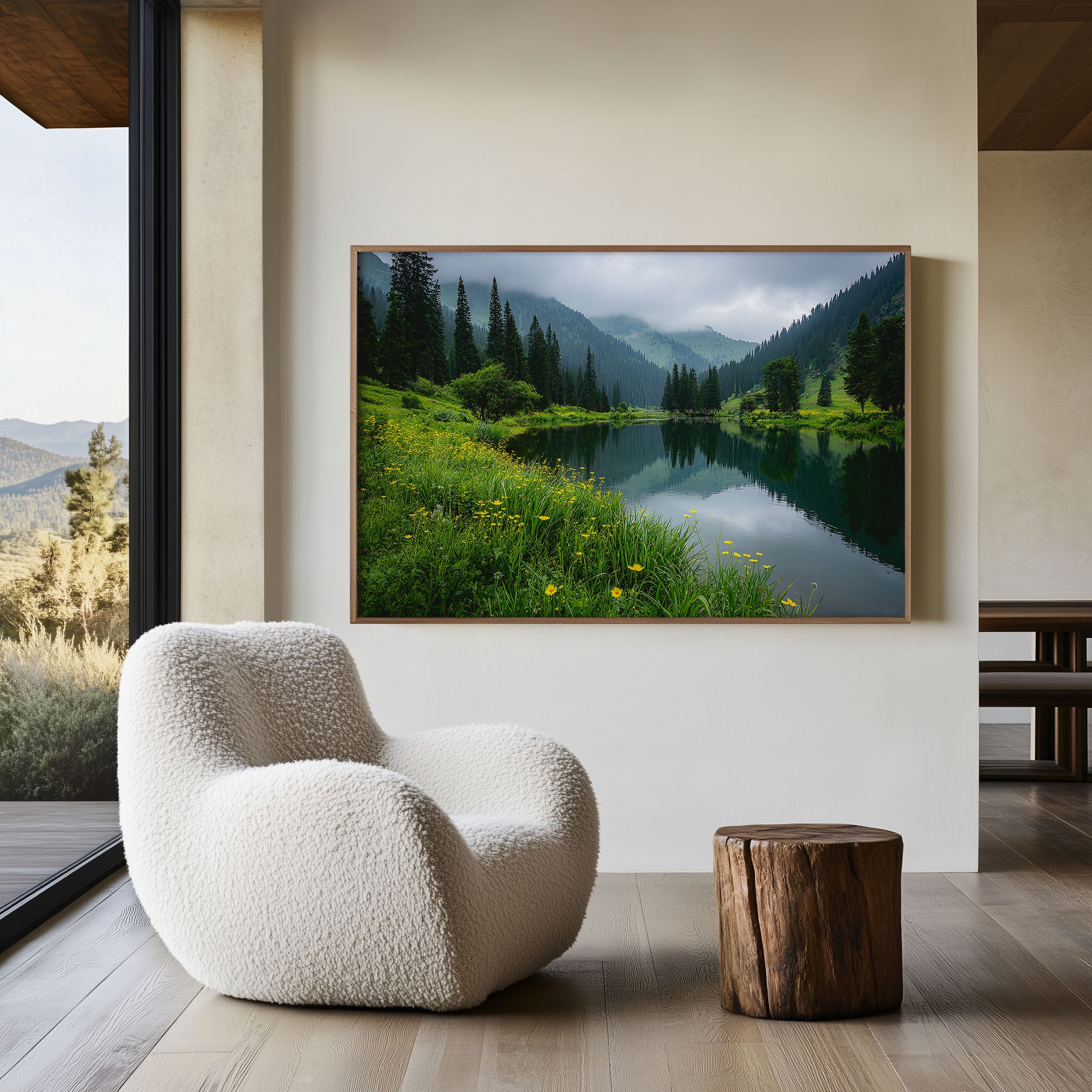 Kolsai Lake Wildflower Meadow Wall Art – Serene Mountain Lake Landscape Print
