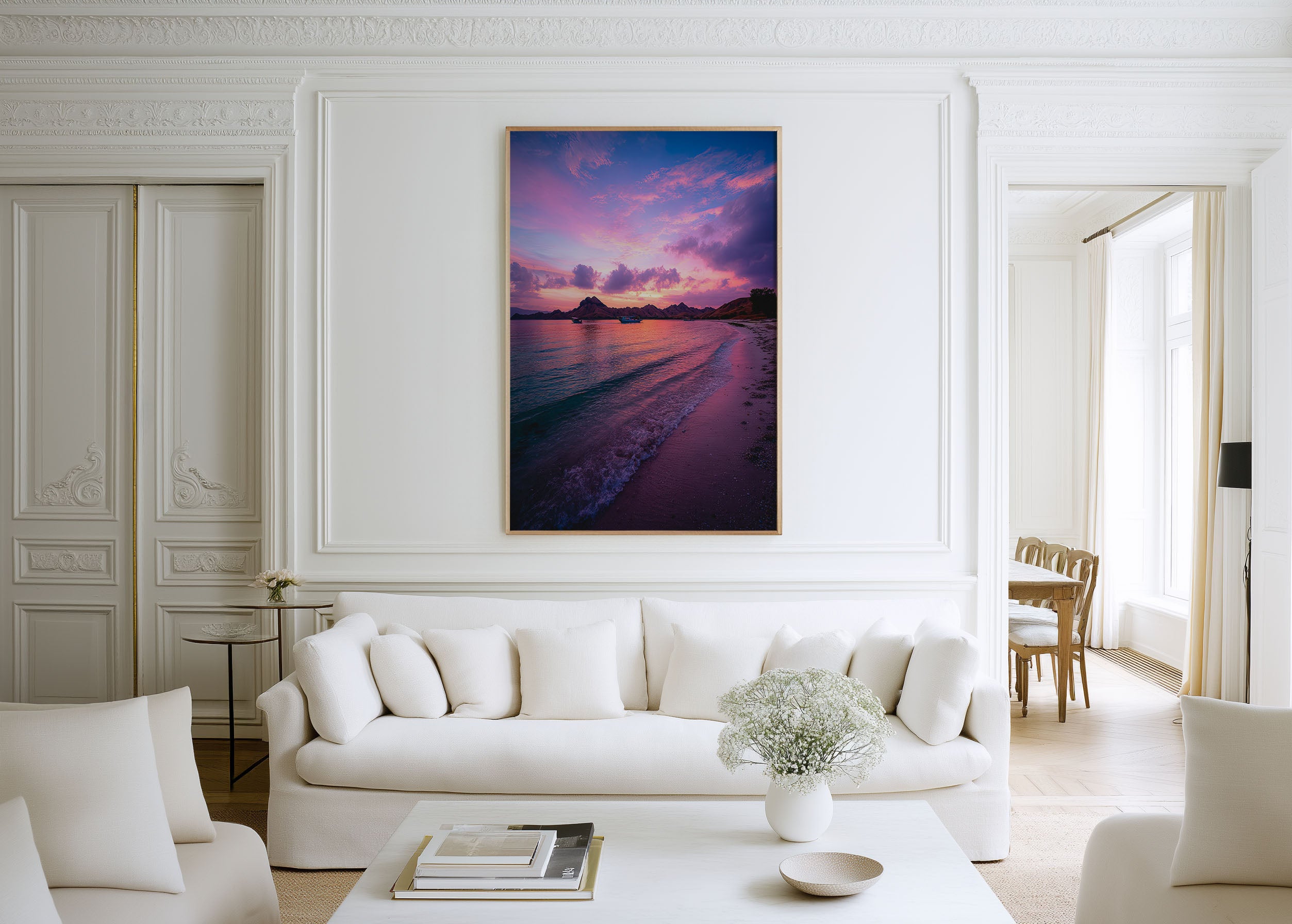 Komodo Island Pink Beach Sunset Volcanic Mountains Wall Art Print | Indonesia Travel Photography Poster | Tropical Coastal Decor