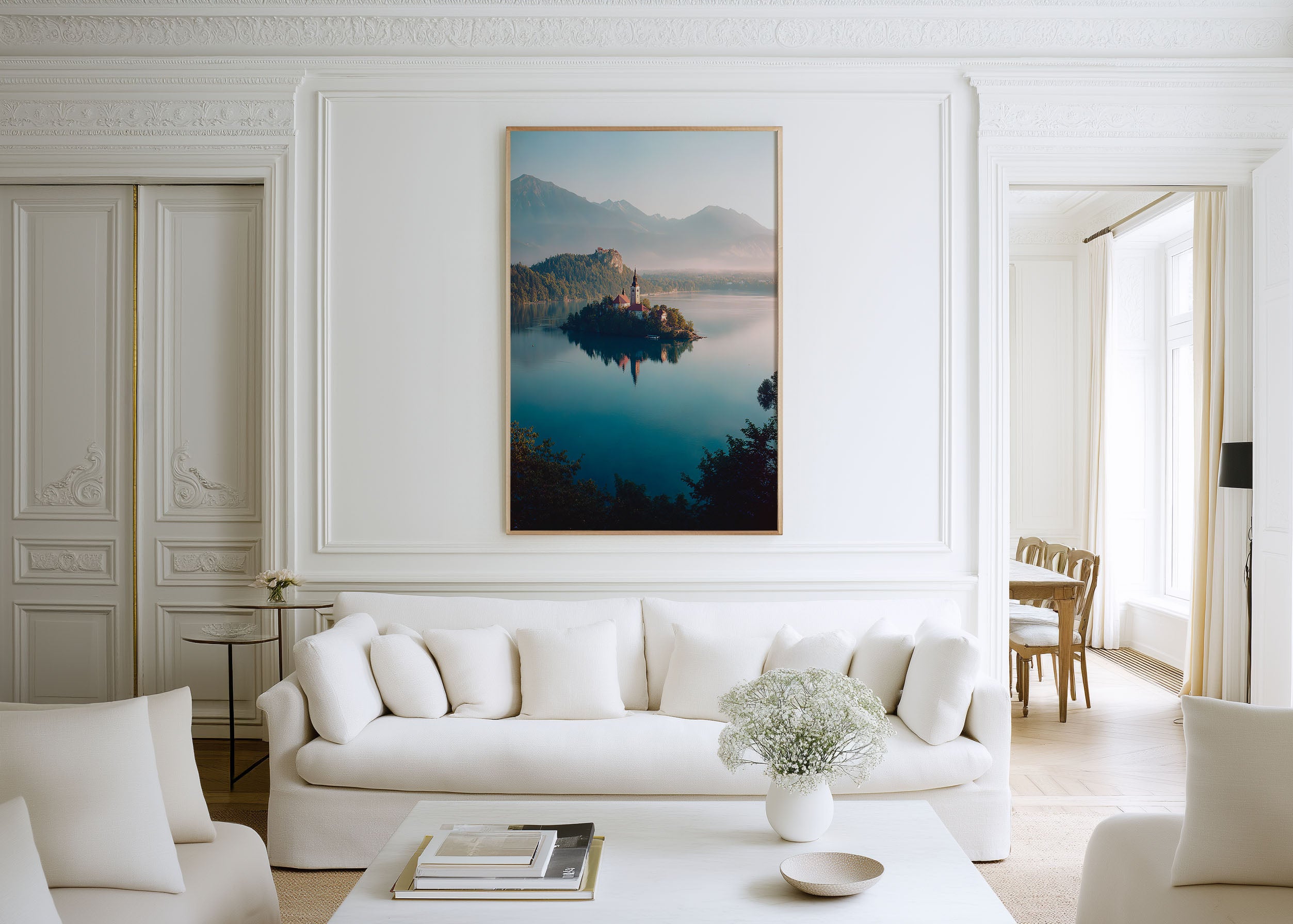 Lake Bled Sunrise Wall Art Print | Slovenia Island Church Alpine Photography | Julian Alps Morning Mist Landscape Poster | European Travel Print | Dreamy Pastel Home Decor