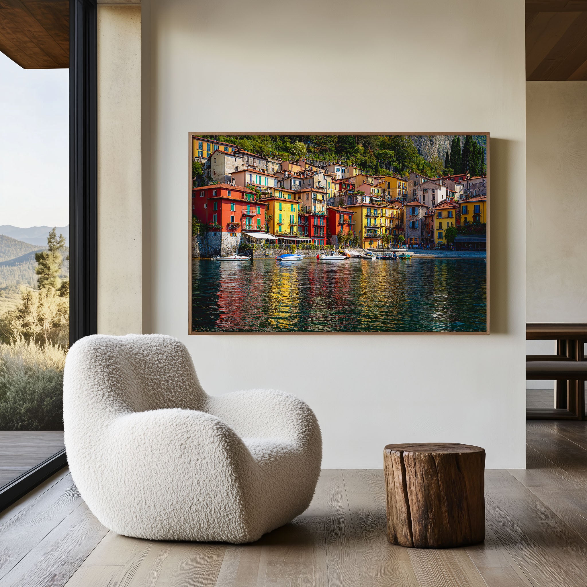 Lake Como Colorful Village Wall Art Print – Italian Waterfront Reflection