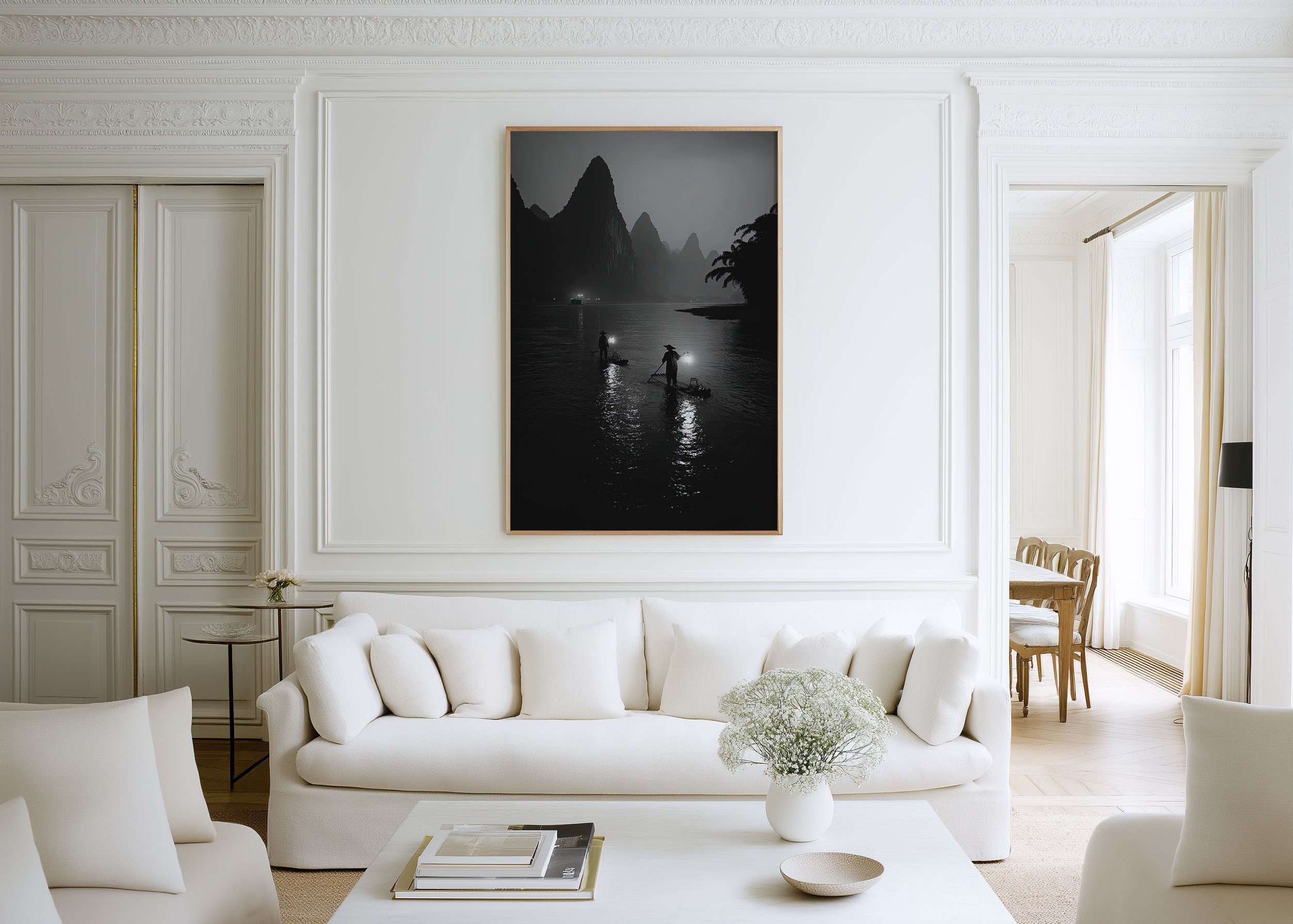 Li River Fishermen at Night Wall Art | Guilin China Black & White Karst Landscape Print | Traditional Asia Travel Photography