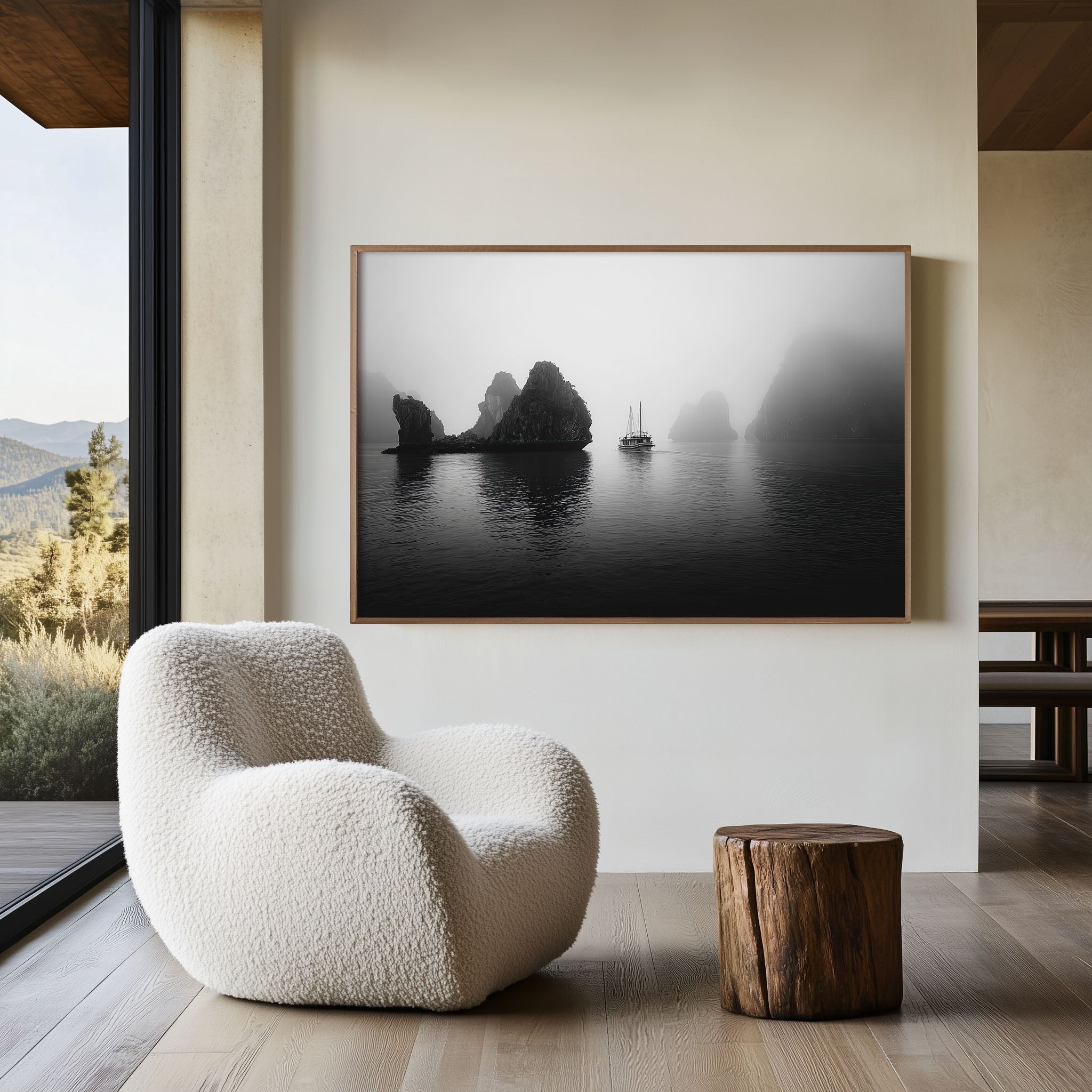 Limestone Cliffs Boat Black & White Wall Art Print