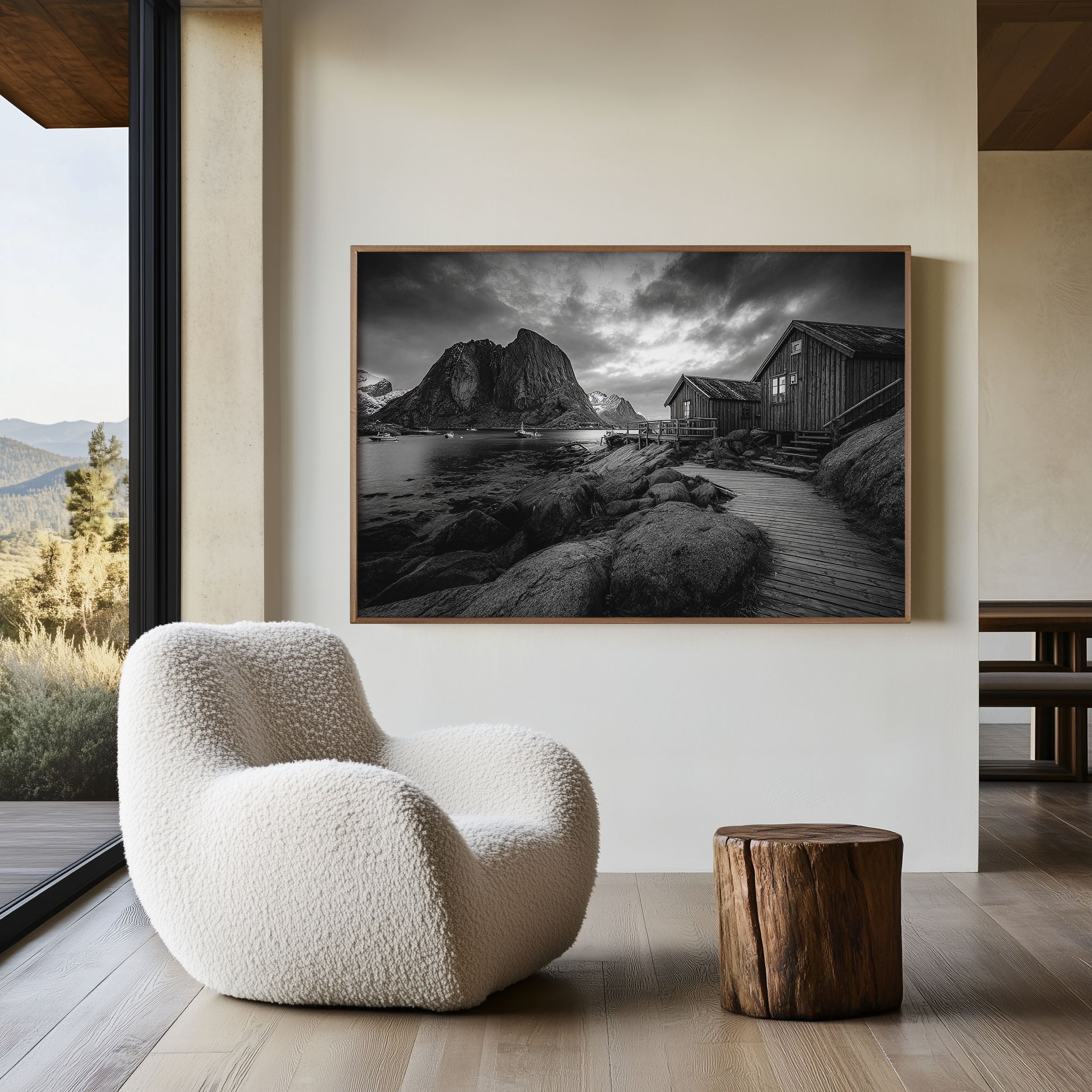 Lofoten Coastal Cabins Wall Art Print – Black and White Norway Photography