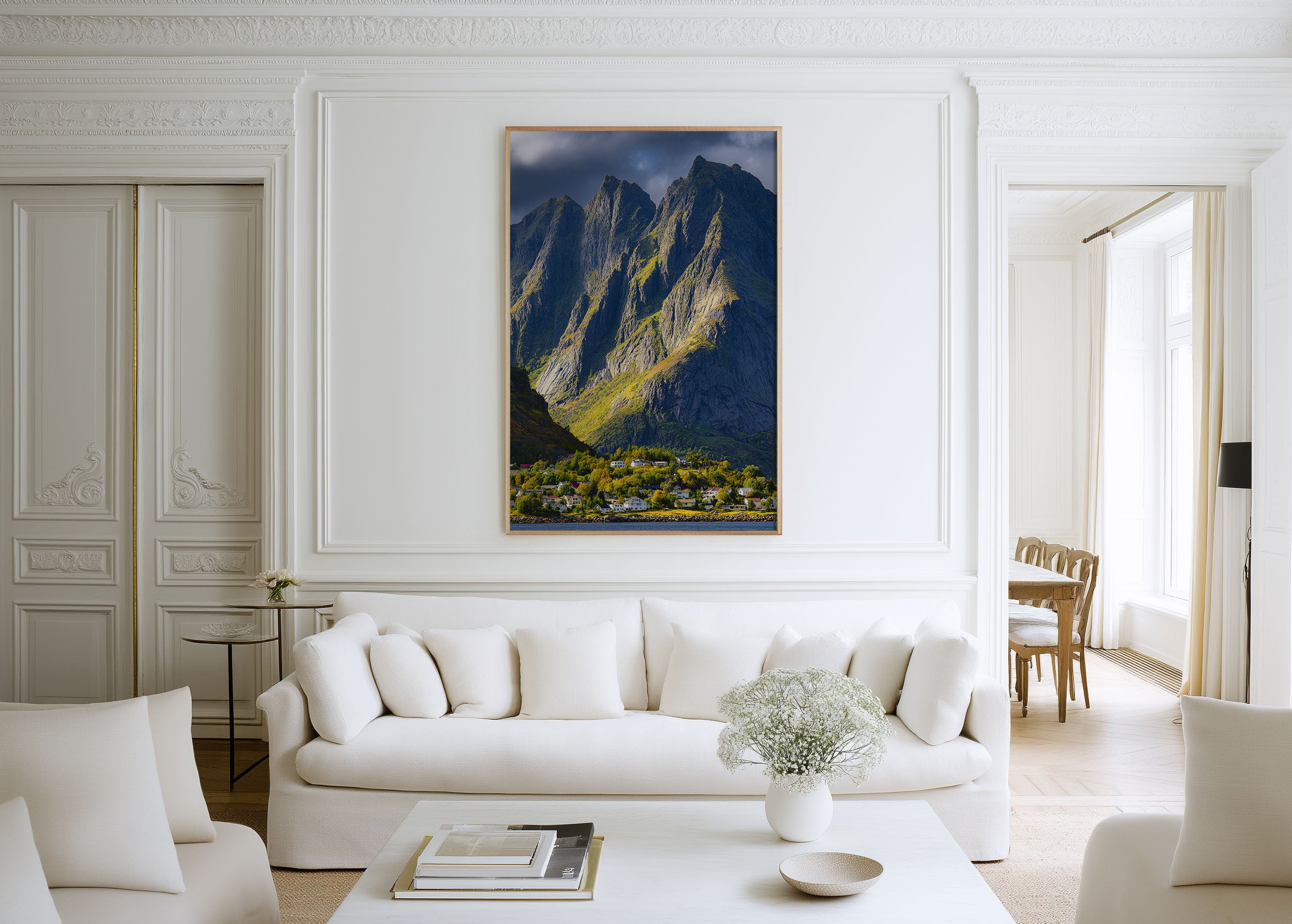 Lofoten Islands Village Dramatic Mountain Peaks Wall Art Print | Norway Fjord Photography | Scandinavian Landscape Home Decor