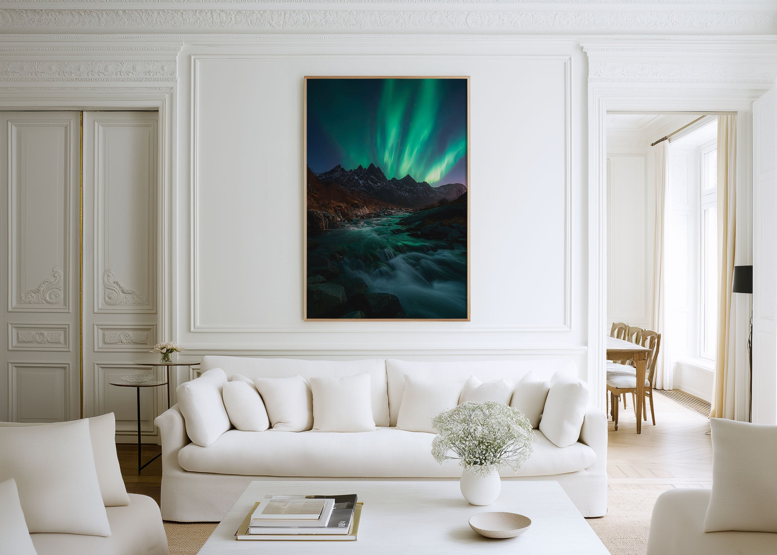 Lofoten Islands Northern Lights River Print | Norway Aurora Borealis Wall Art | Arctic Night Sky Mountain Stream Landscape Photography Poster