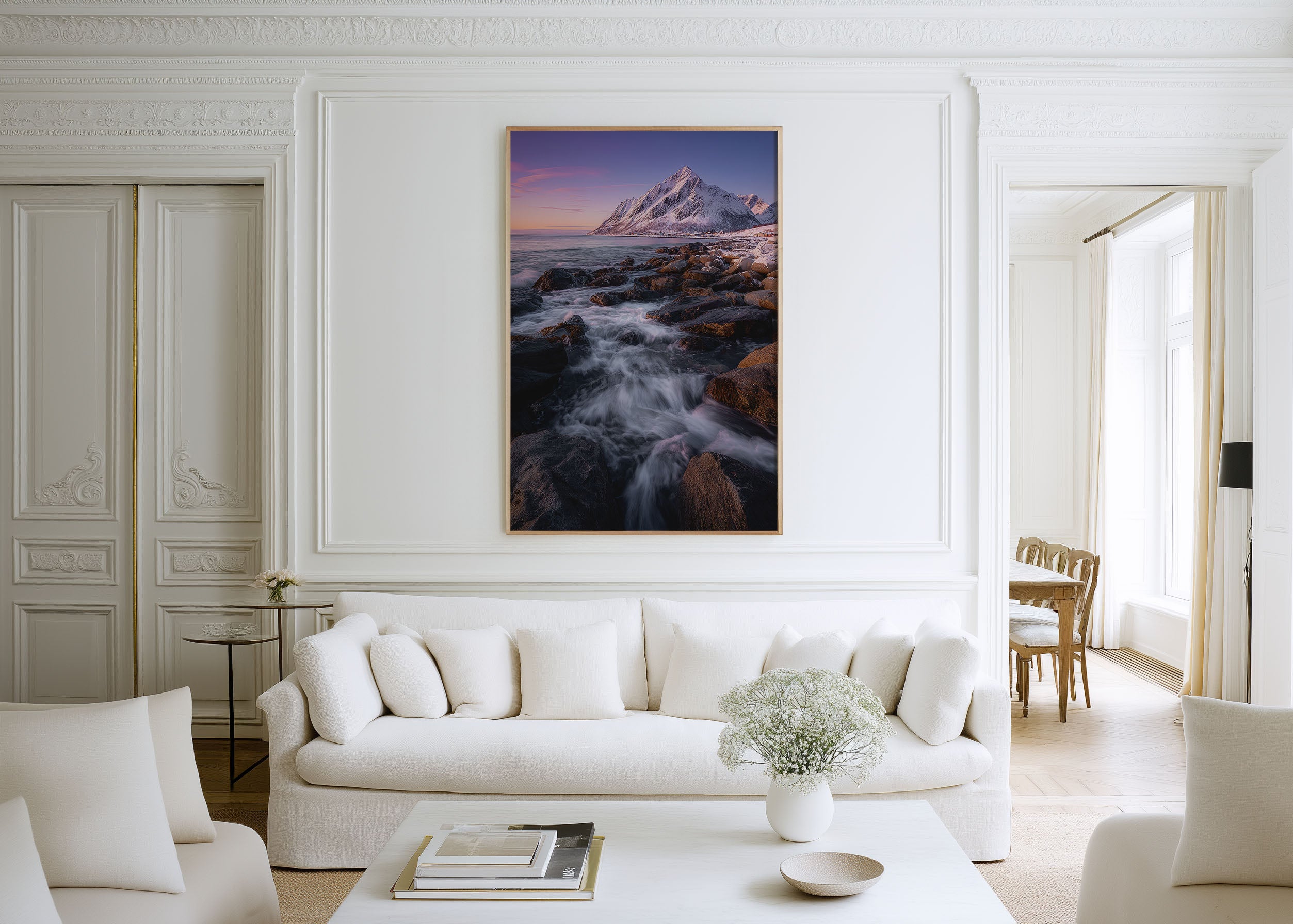 Lofoten Islands Winter Coastline Sunset Print | Norway Snow Mountain Wall Art | Arctic Rocky Shore Twilight Landscape Photography Poster