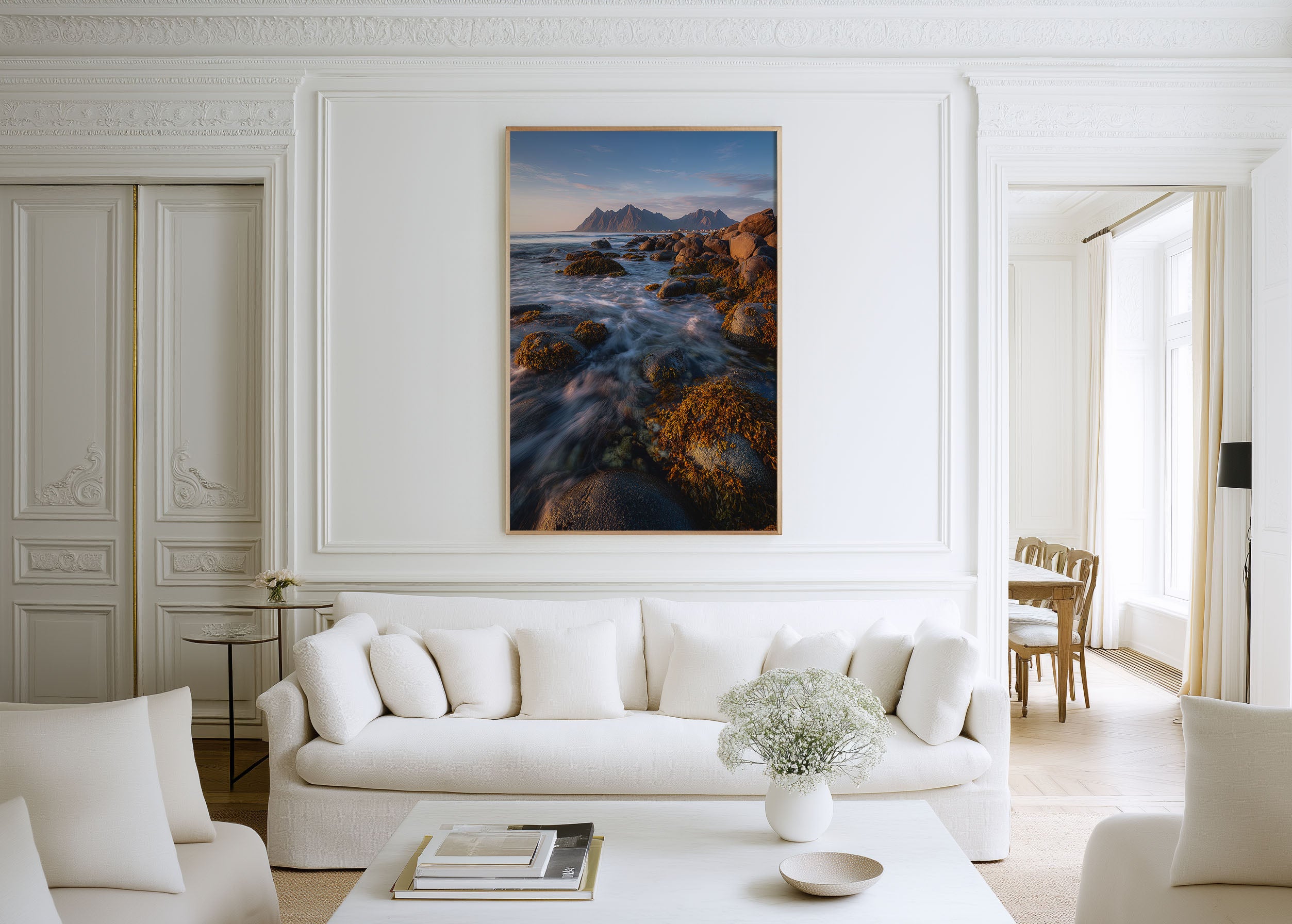 Lofoten Islands Rocky Coastline Print | Norway Coastal Wall Art | Lofoten Seaweed Rocks Silky Water Landscape Photography Poster