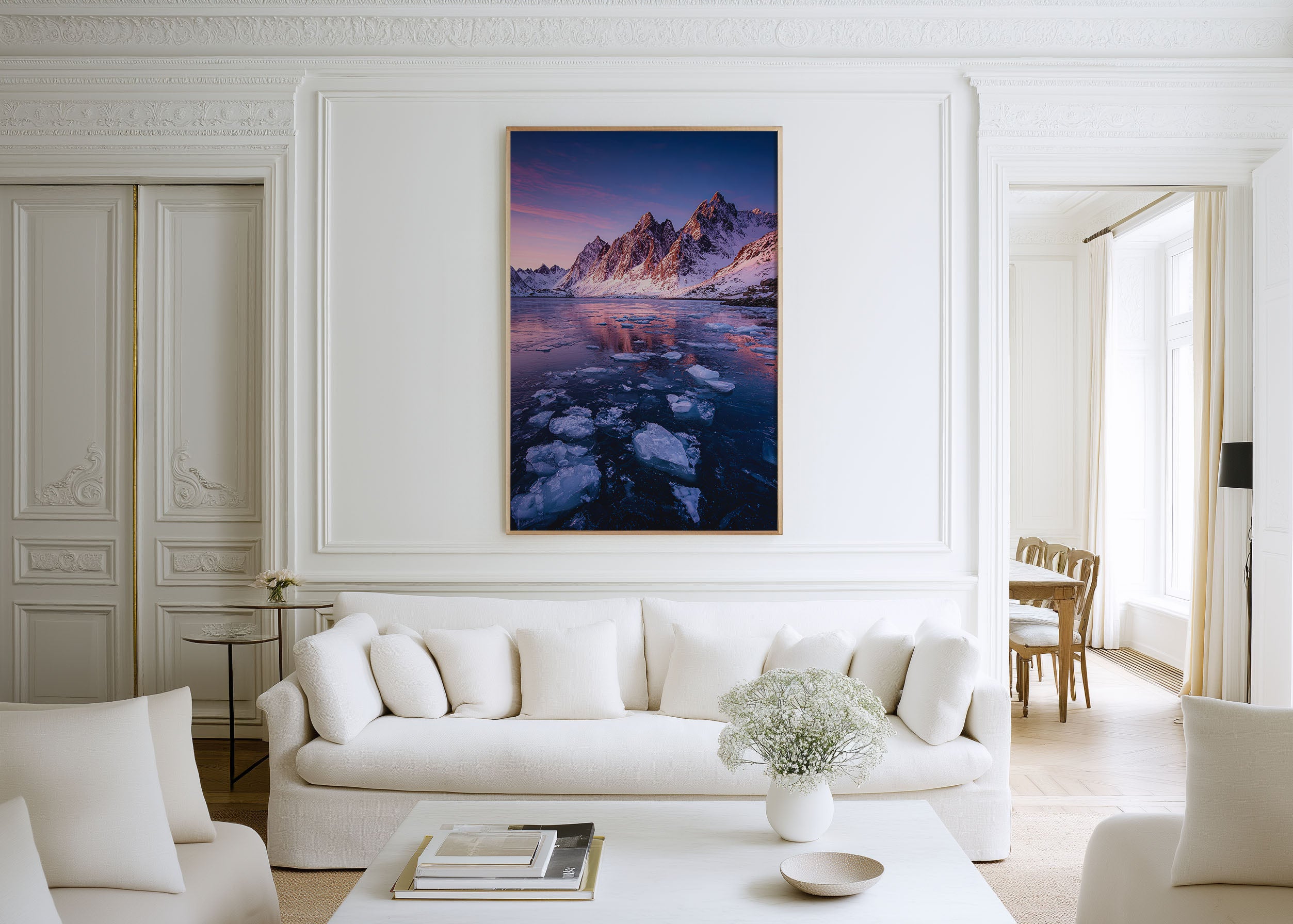 Lofoten Islands Frozen Fjord Sunset Print | Norway Arctic Winter Wall Art | Lofoten Ice Floe Pink Sky Mountain Landscape Photography Poster