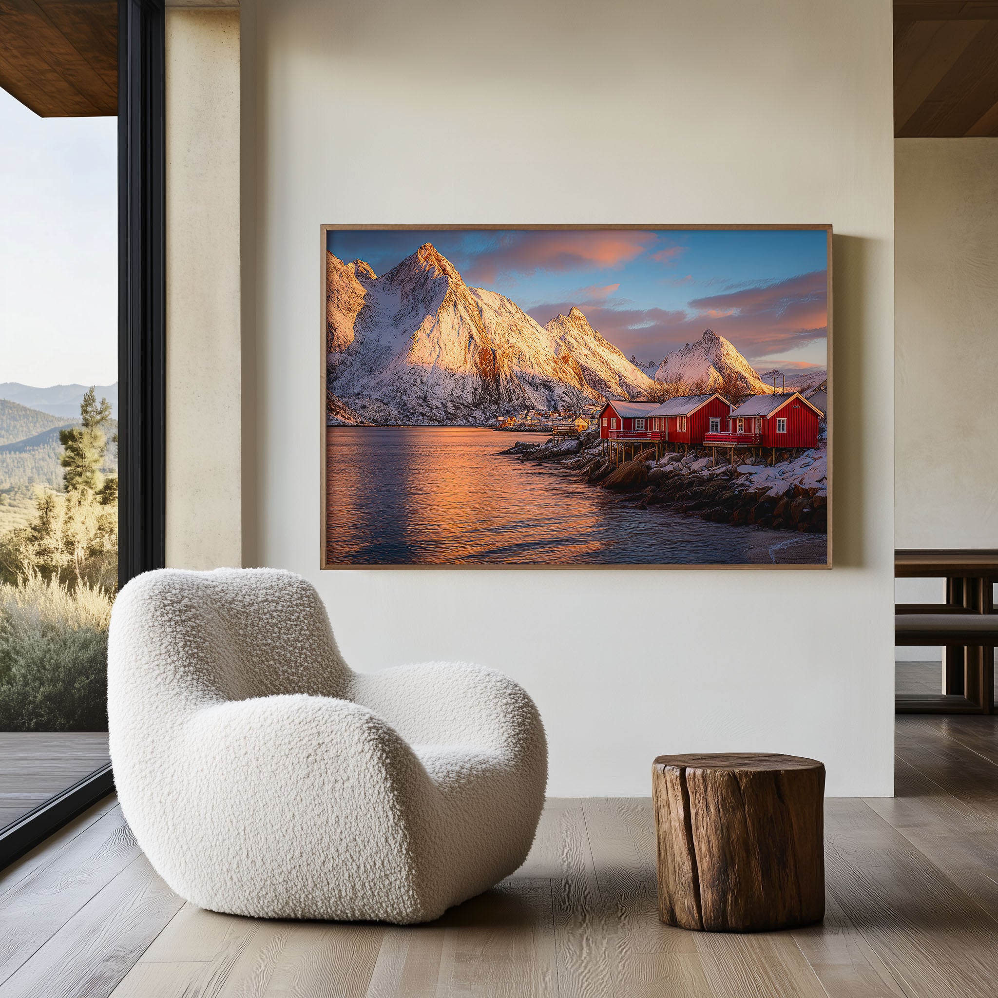 Lofoten Norway Red Cabins Wall Art Print – Snowy Fjord Sunset Landscape